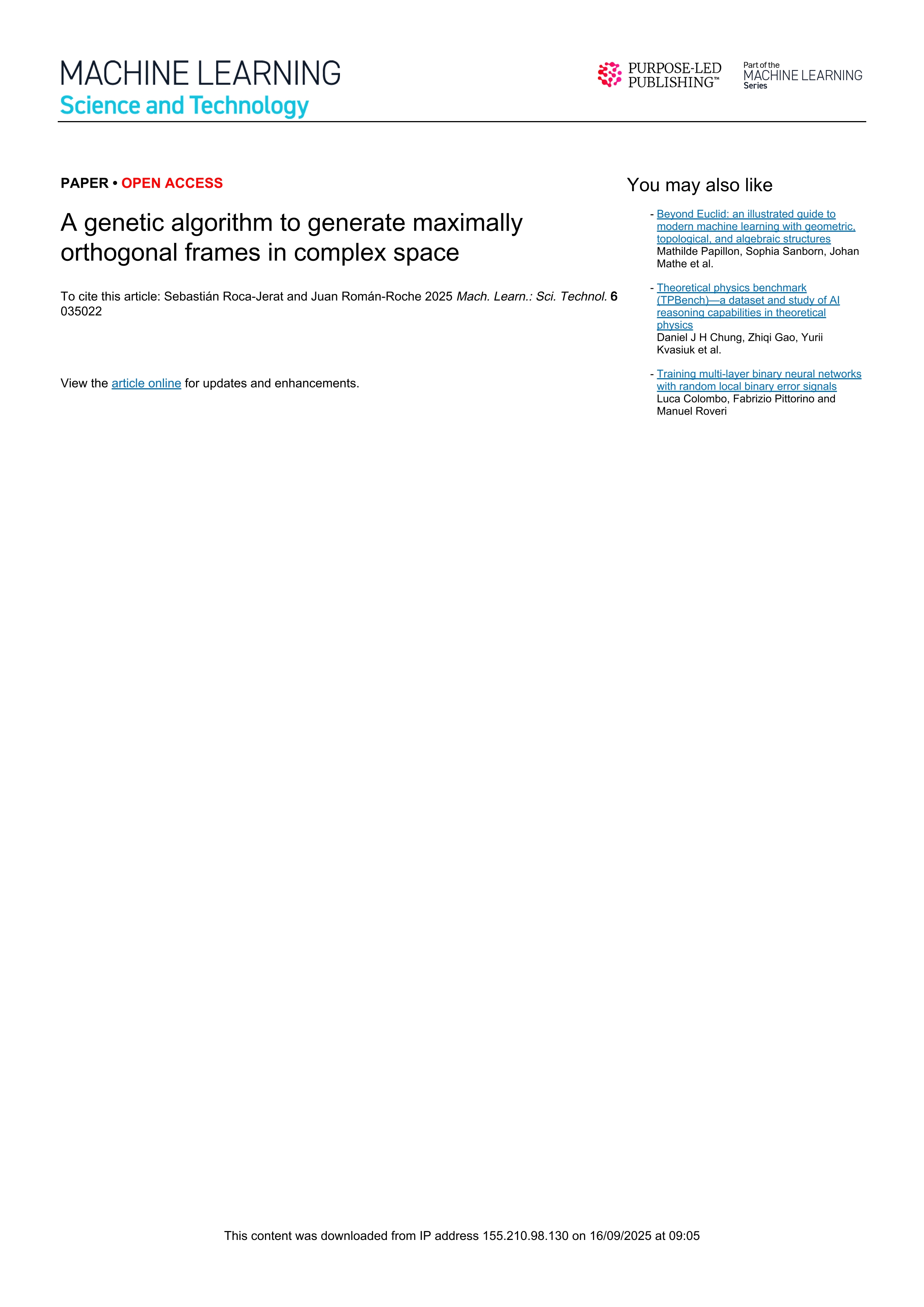 A genetic algorithm to generate maximally orthogonal frames in complex space