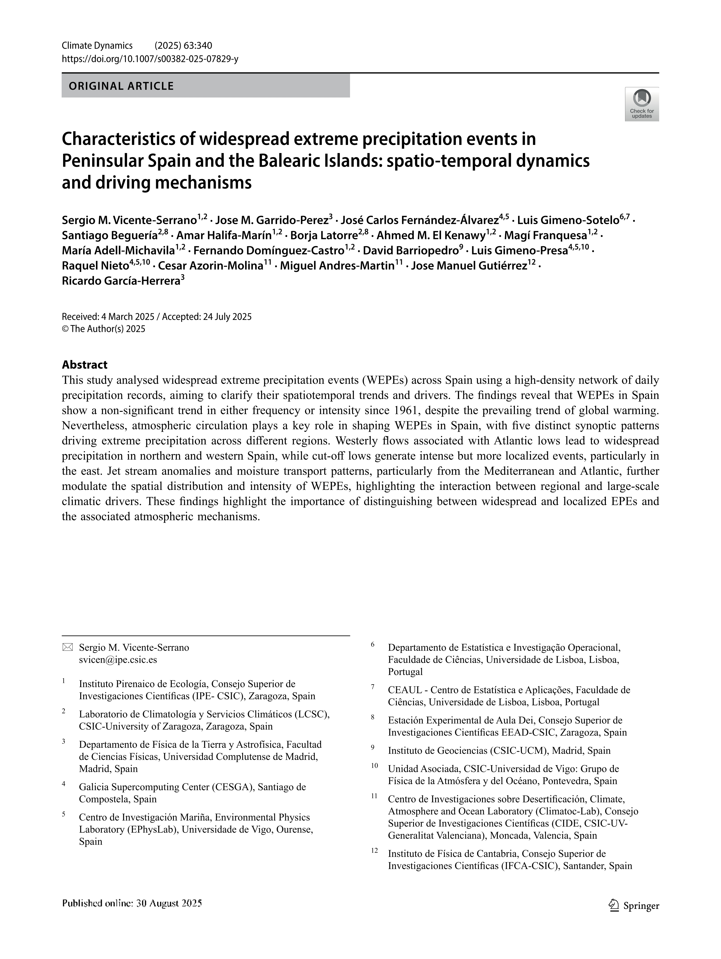 Characteristics of widespread extreme precipitation events in Peninsular Spain and the Balearic Islands: spatio-temporal dynamics and driving mechanisms