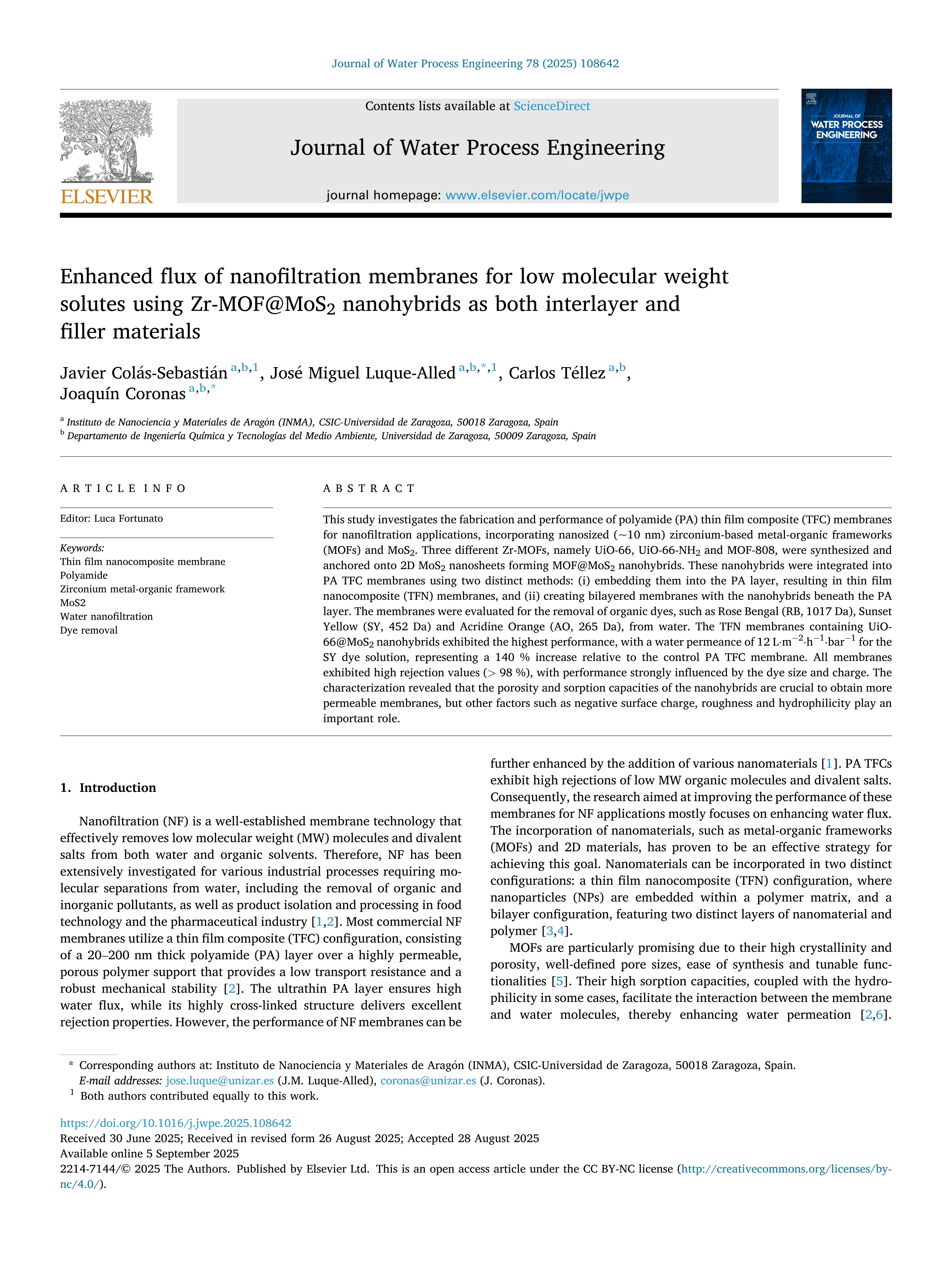 Enhanced flux of nanofiltration membranes for low molecular weight solutes using Zr-MOF@MoS2 nanohybrids as both interlayer and filler materials
