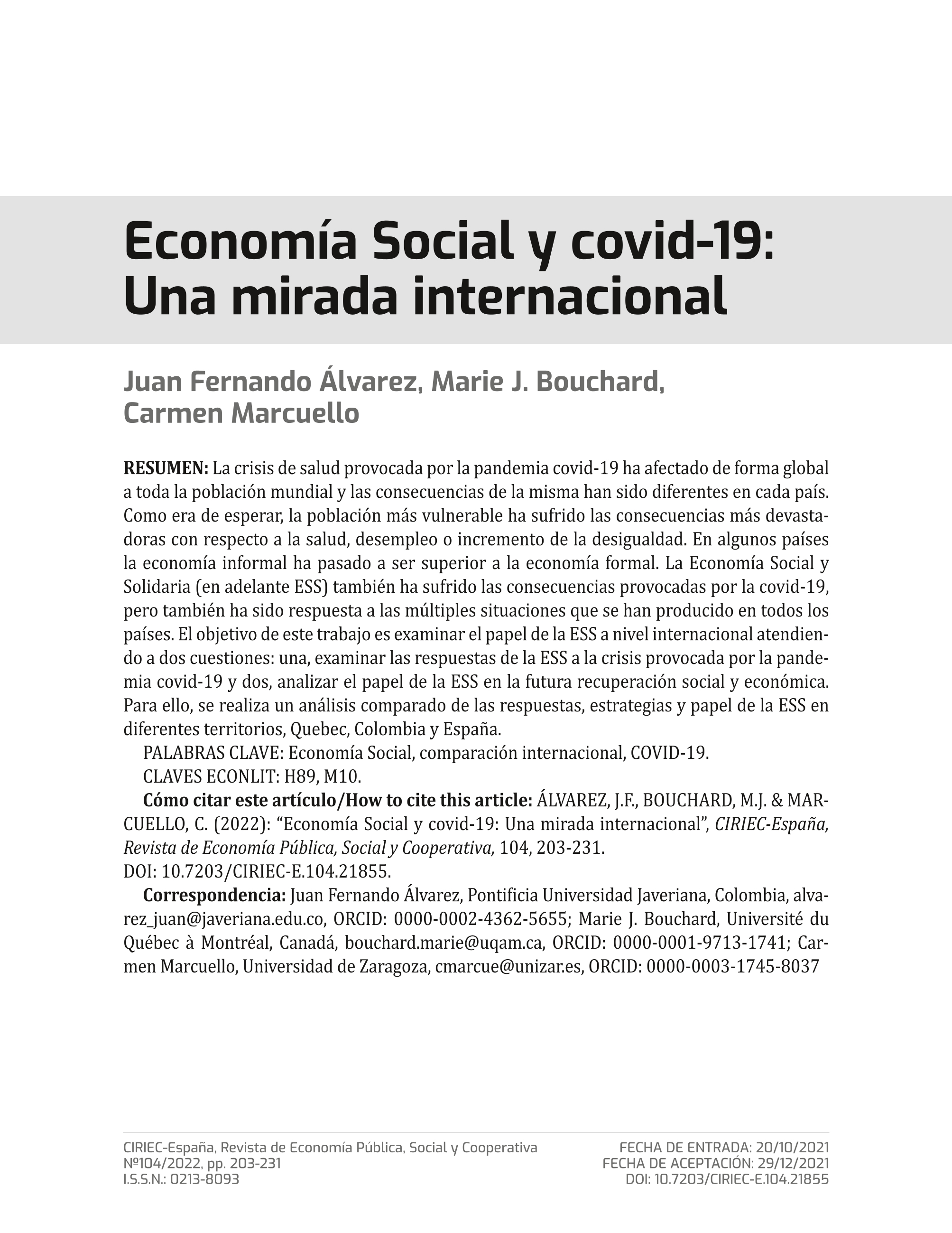 Economía Social y covid-19: Una mirada internacional