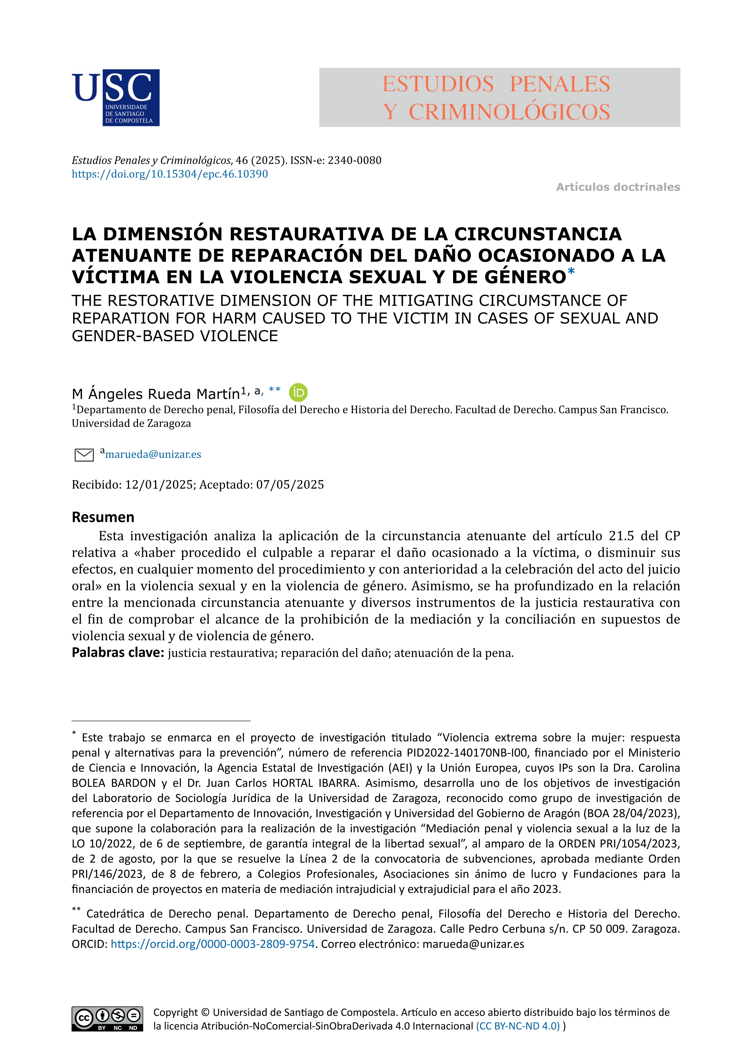 La dimensión restaurativa de la circunstancia atenuante de reparación del daño ocasionado a la víctima en la violencia sexual y de género