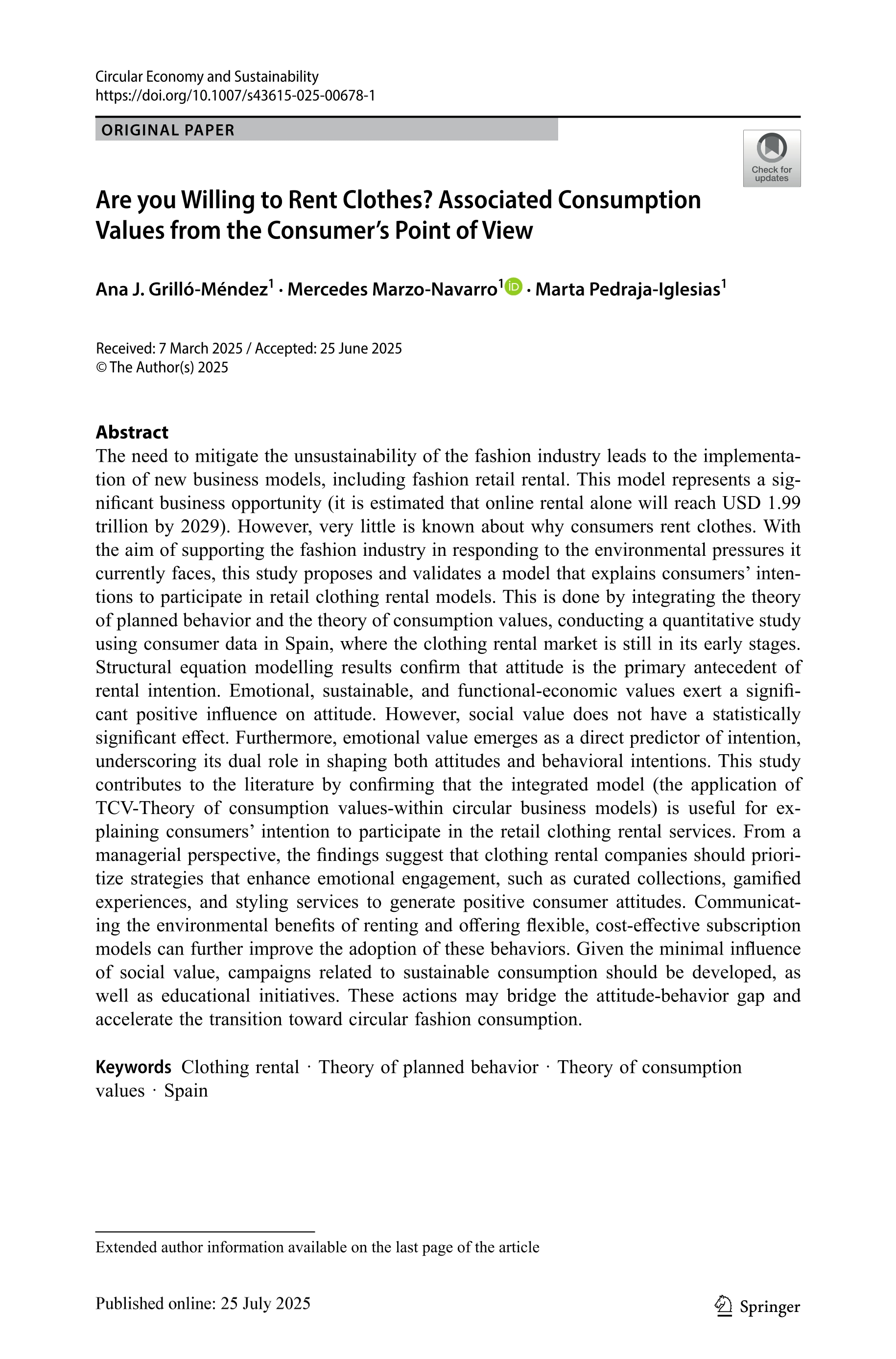 Are you Willing to Rent Clothes? Associated Consumption Values from the Consumer’s Point of View