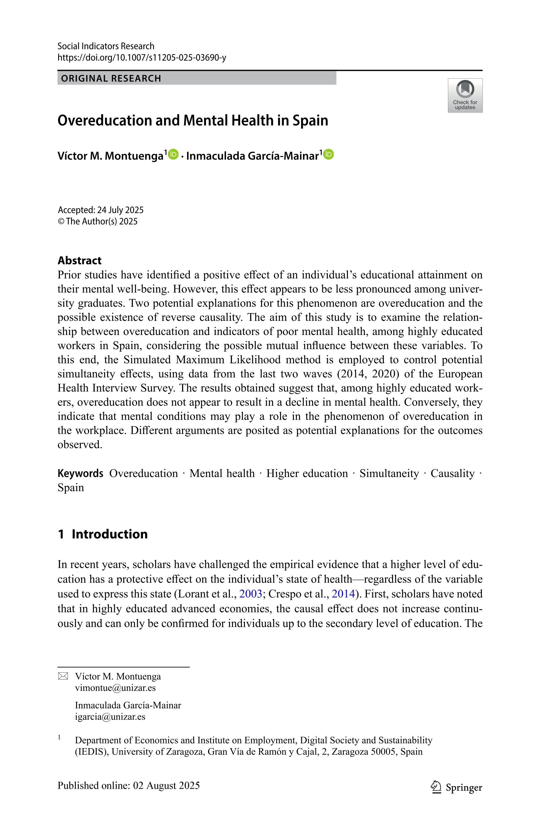 Overeducation and Mental Health in Spain