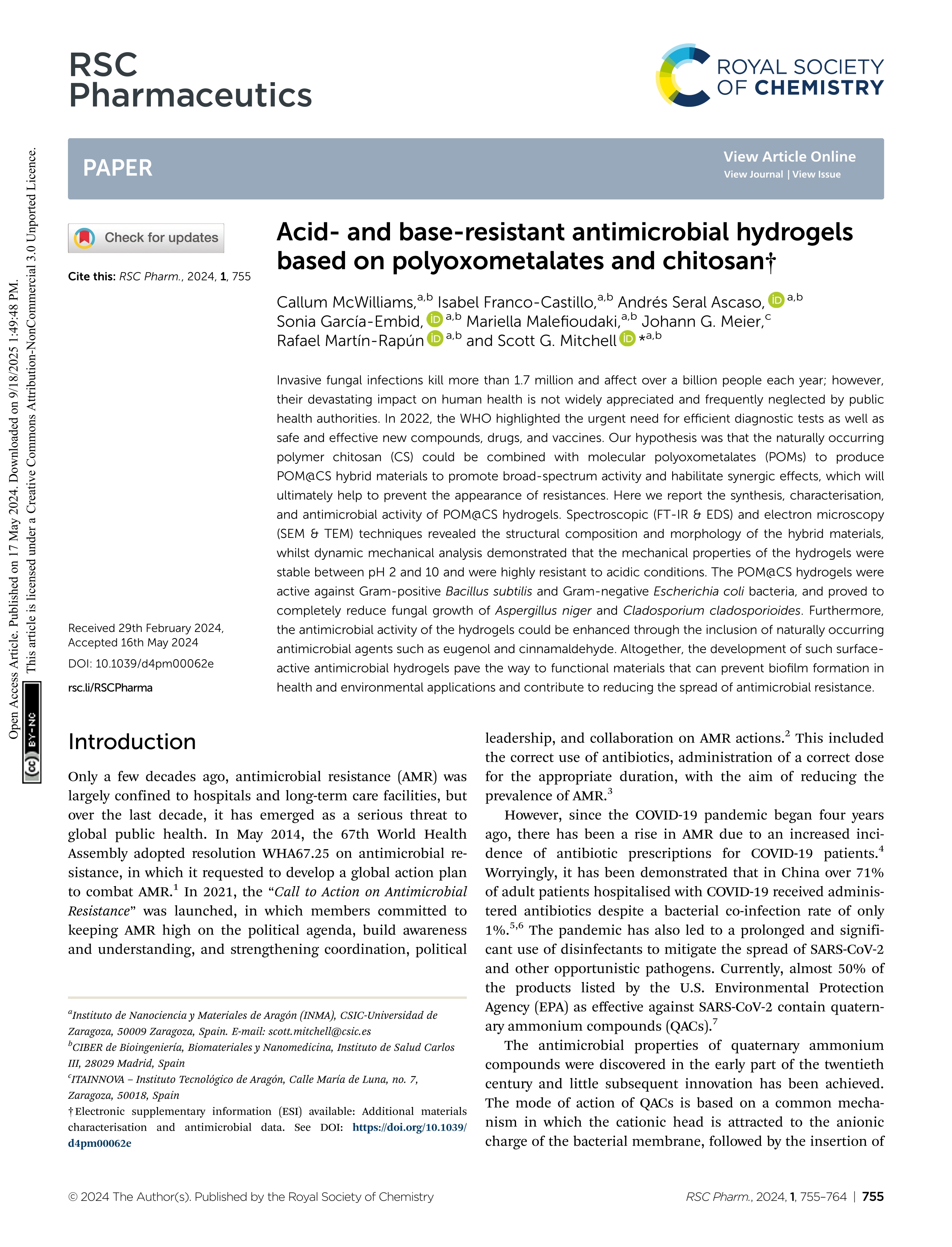 Acid- and base-resistant antimicrobial hydrogels based on polyoxometalates and chitosan