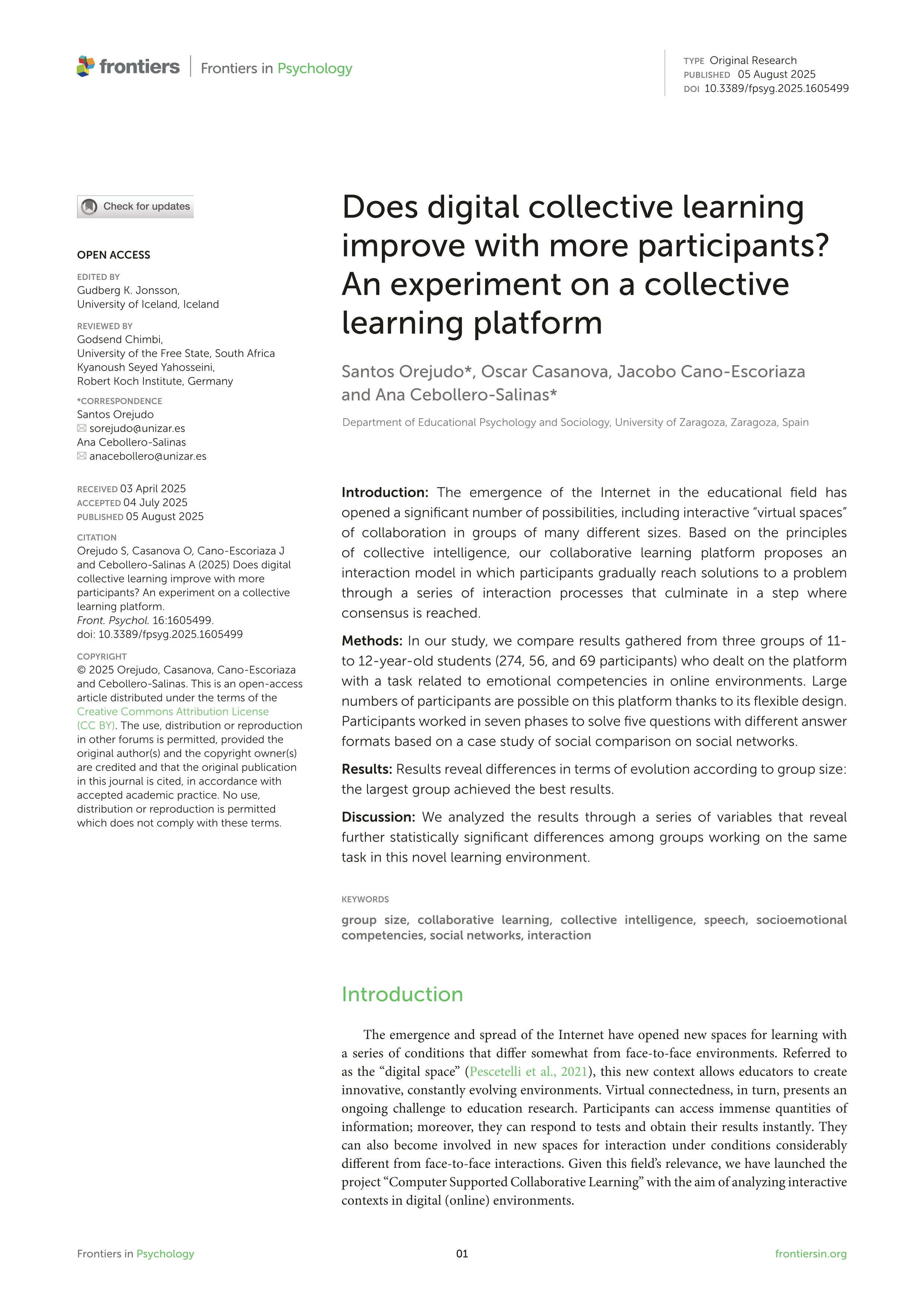 Does digital collective learning improve with more participants? An experiment on a collective learning platform