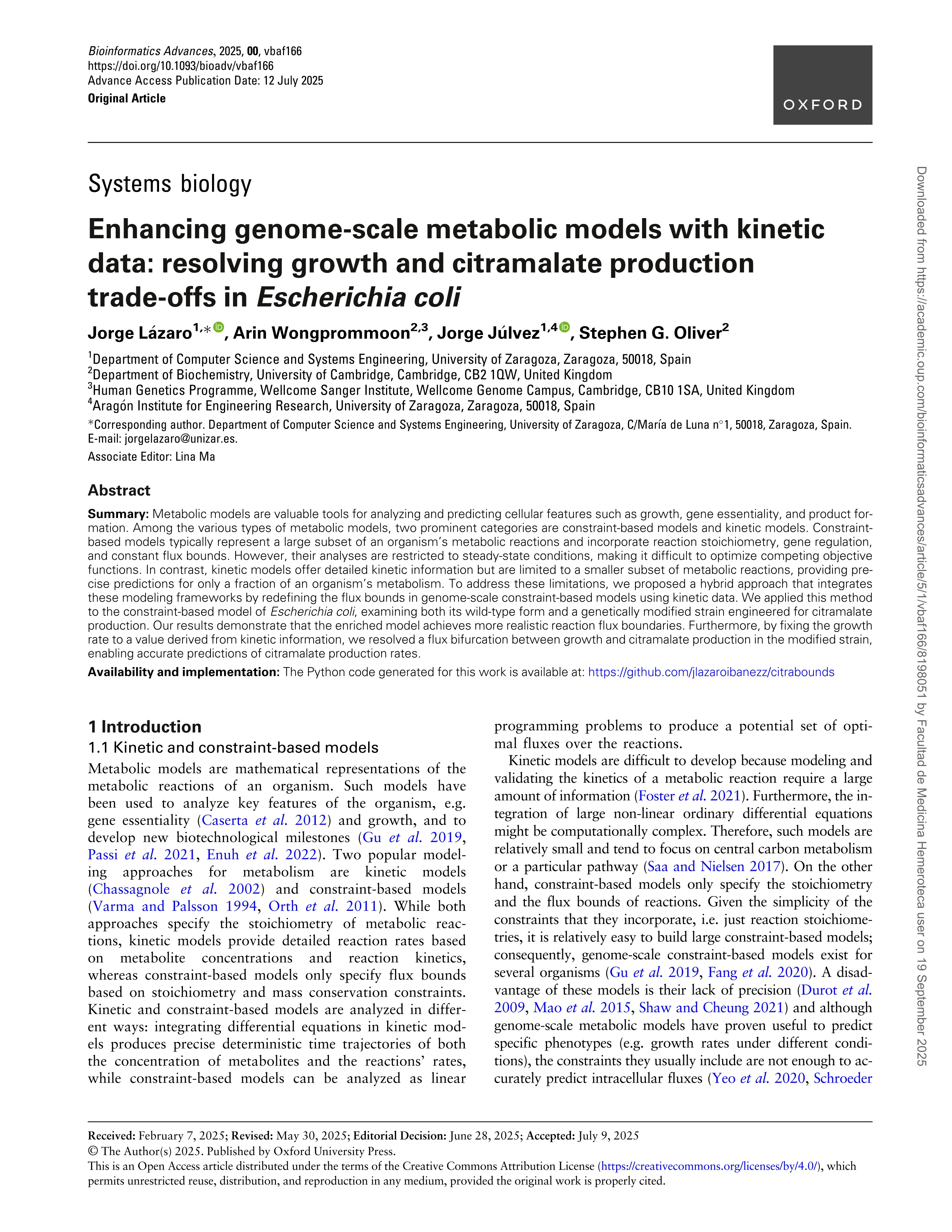 Enhancing genome-scale metabolic models with kinetic data: resolving growth and citramalate production trade-offs in <i>Escherichia coli</i>