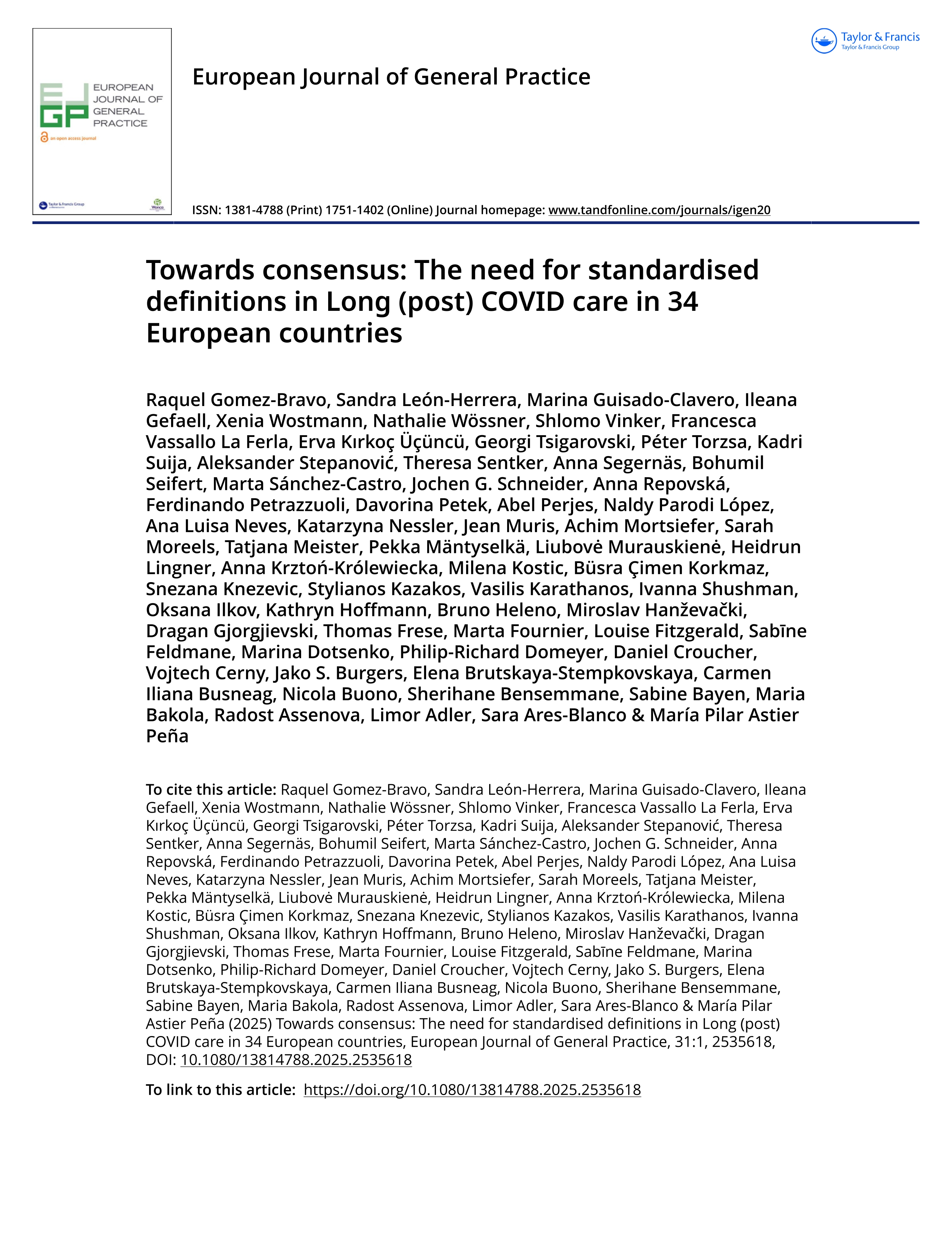 Towards consensus: The need for standardised definitions in Long (post) COVID care in 34 European countries