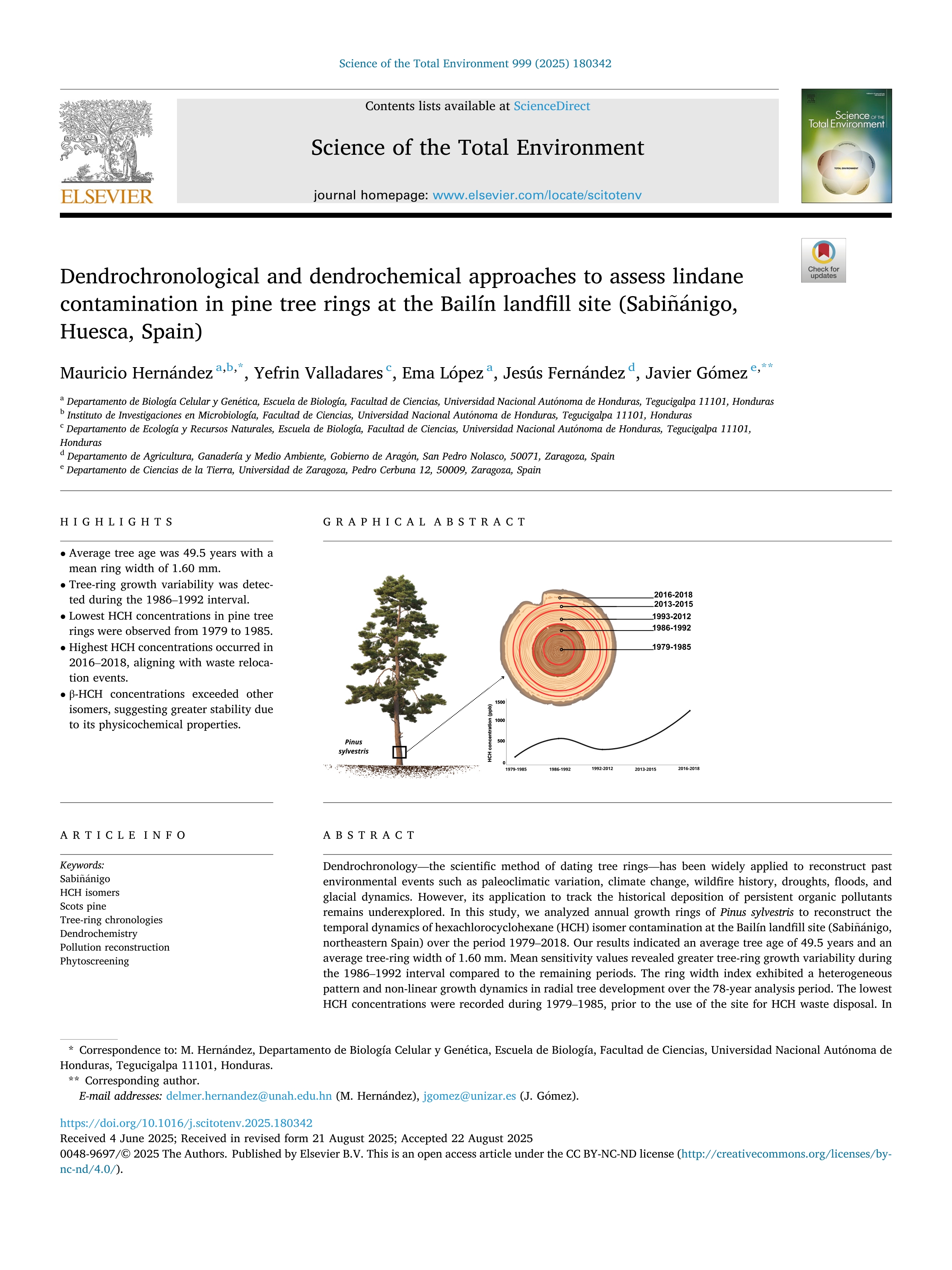 Dendrochronological and dendrochemical approaches to assess lindane contamination in pine tree rings at the Bailín landfill site (Sabiñánigo, Huesca, Spain)
