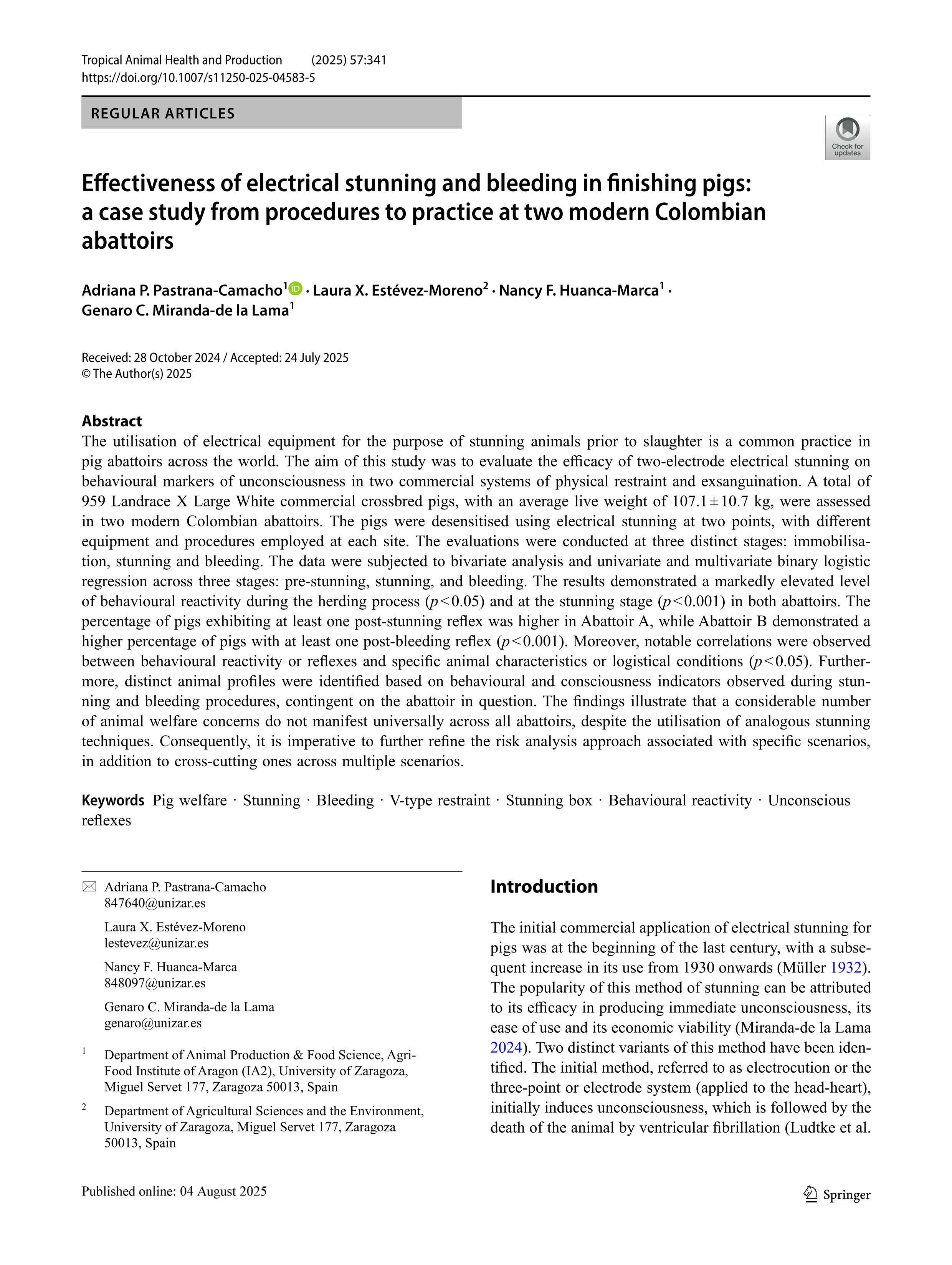 Effectiveness of electrical stunning and bleeding in finishing pigs: a case study from procedures to practice at two modern Colombian abattoirs