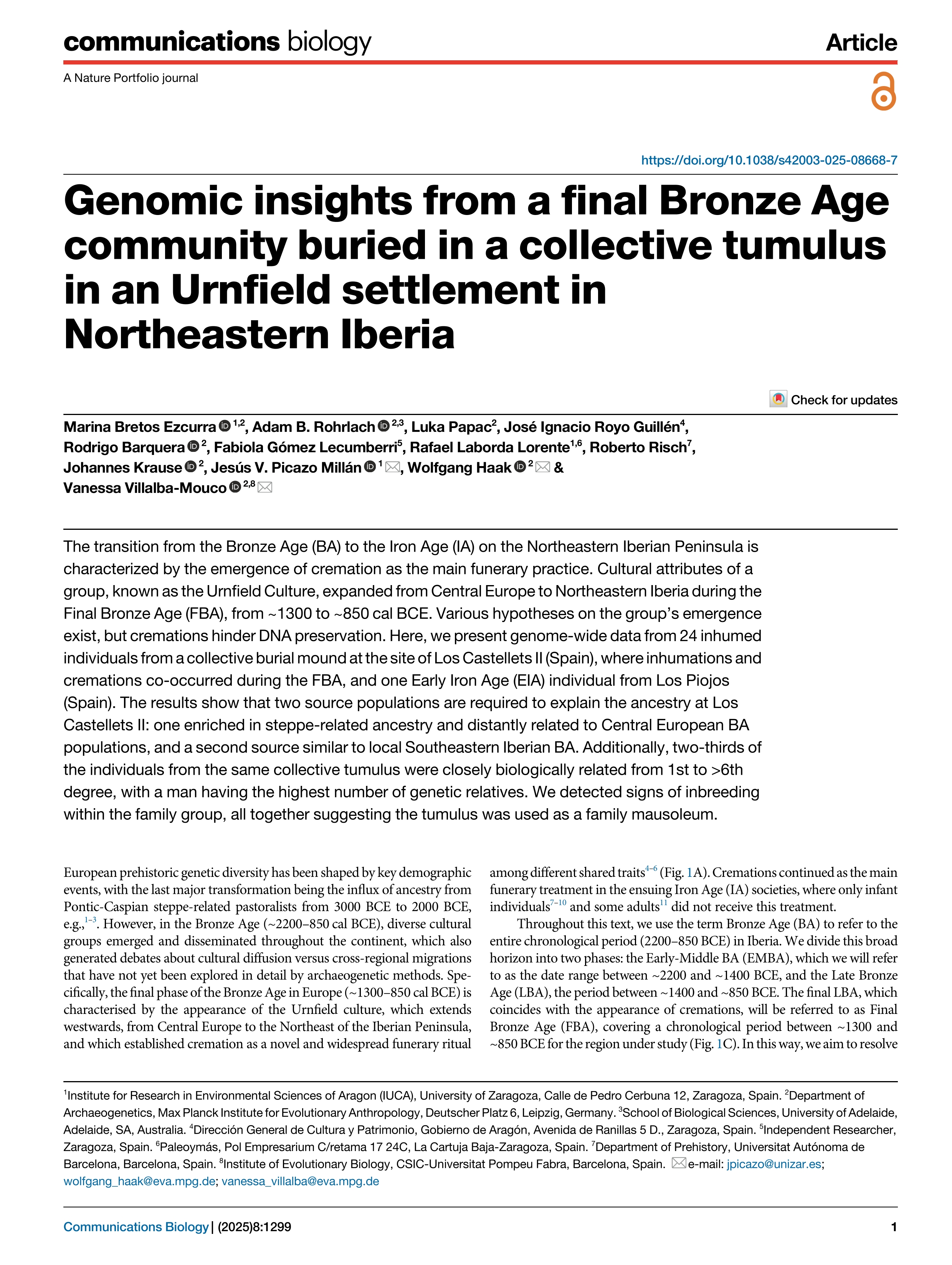Genomic insights from a final Bronze Age community buried in a collective tumulus in an Urnfield settlement in Northeastern Iberia