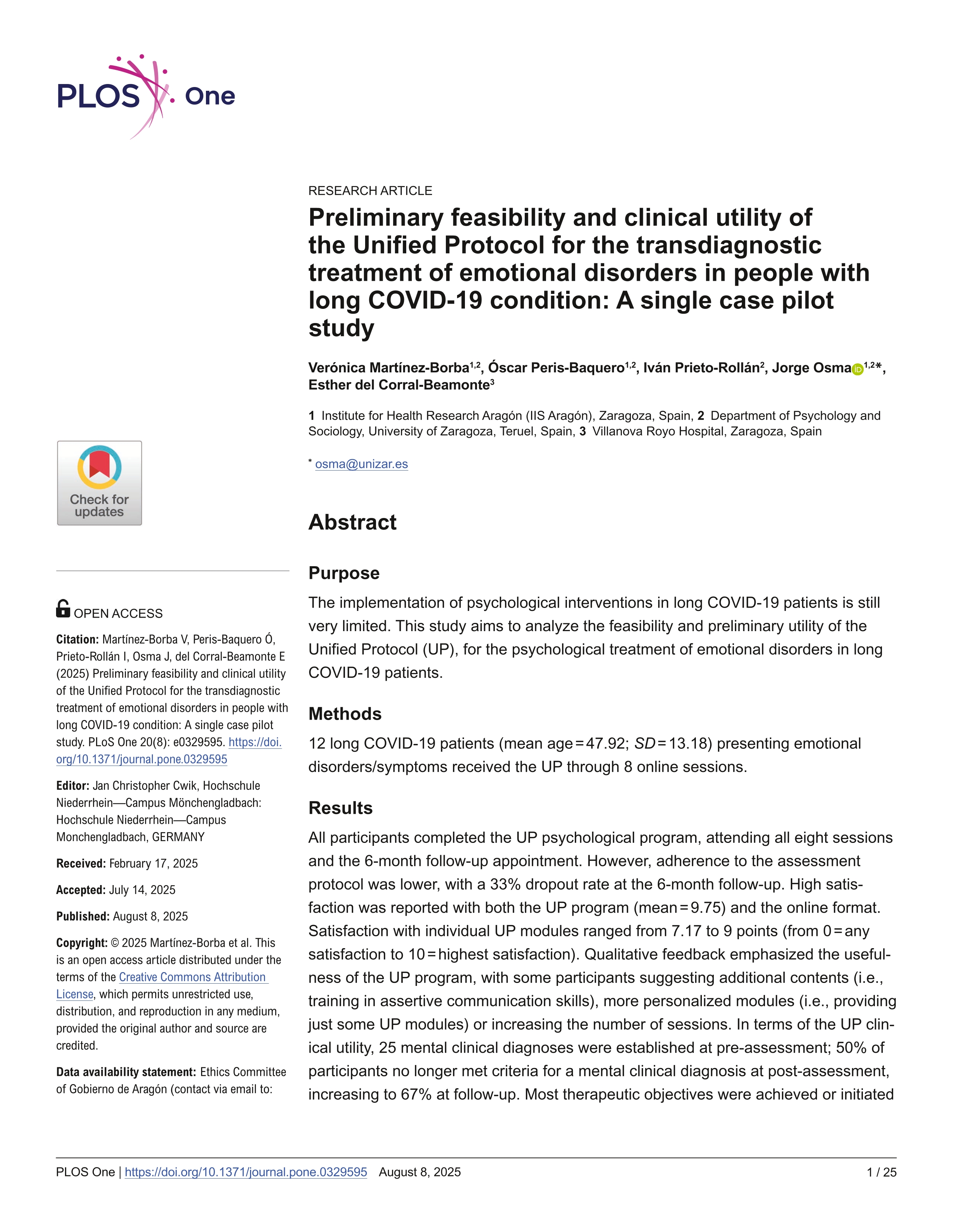 Preliminary feasibility and clinical utility of the Unified Protocol for the transdiagnostic treatment of emotional disorders in people with long COVID-19 condition: A single case pilot study