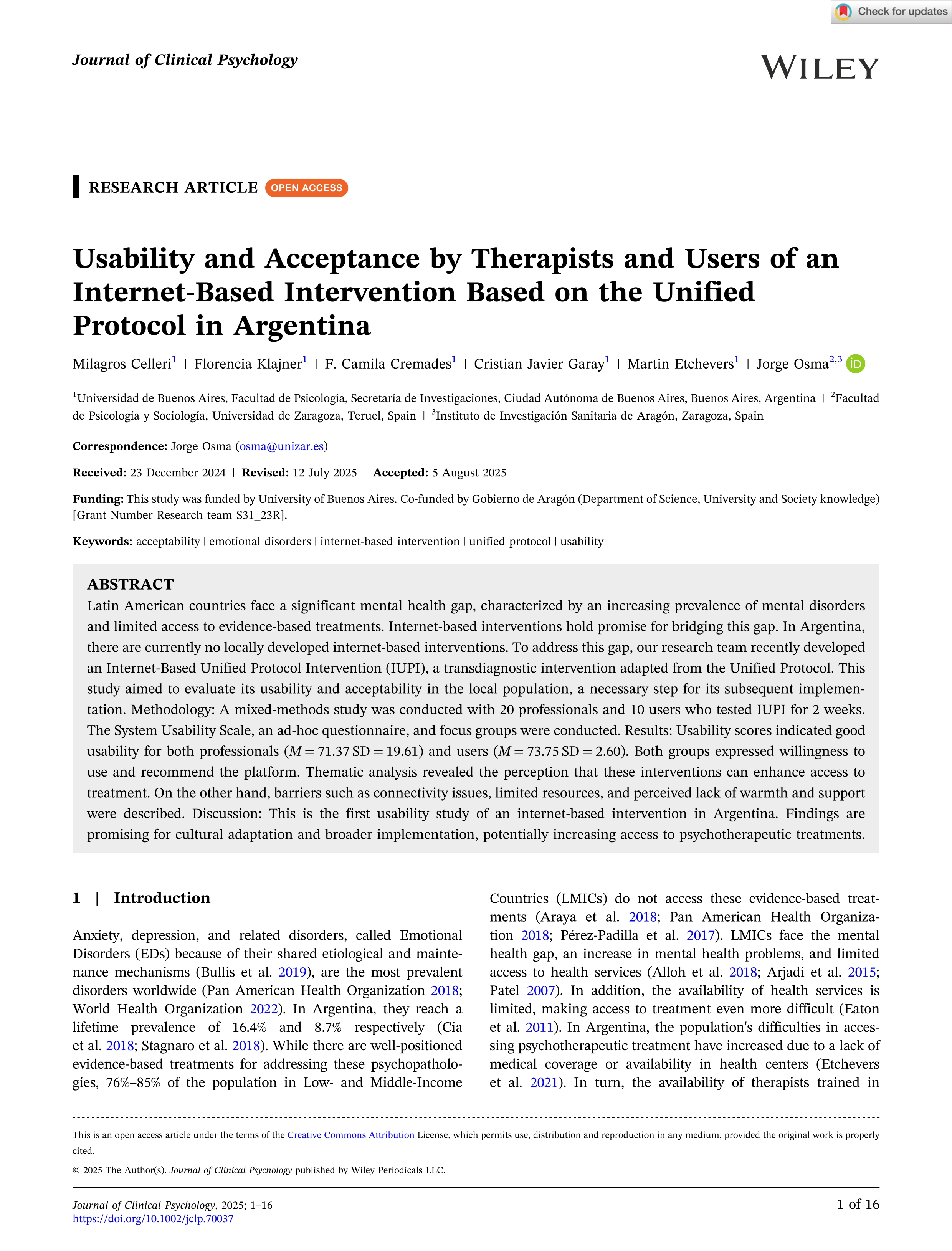 Usability and Acceptance by Therapists and Users of an Internet‐Based Intervention Based on the Unified Protocol in Argentina