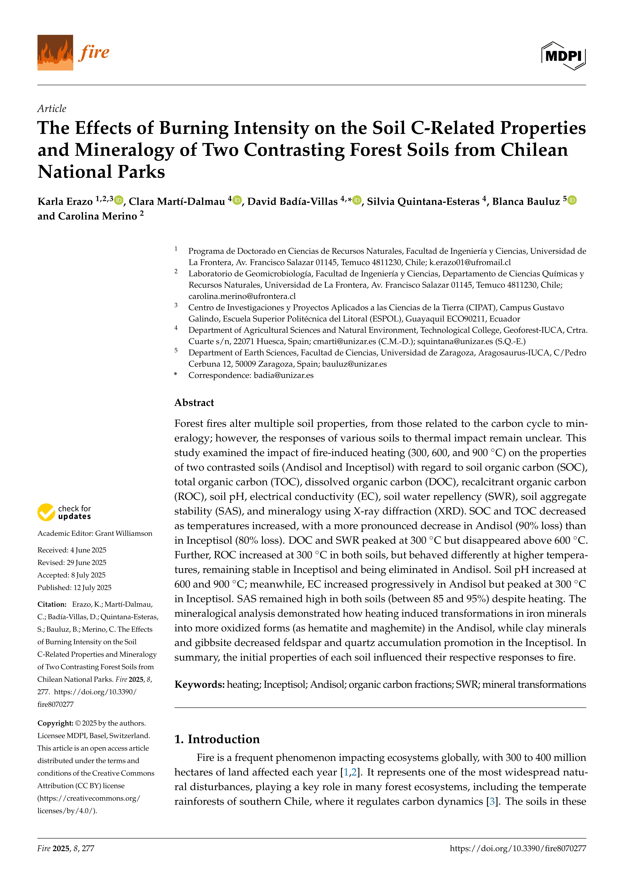 The Effects of Burning Intensity on the Soil C-Related Properties and Mineralogy of Two Contrasting Forest Soils from Chilean National Parks