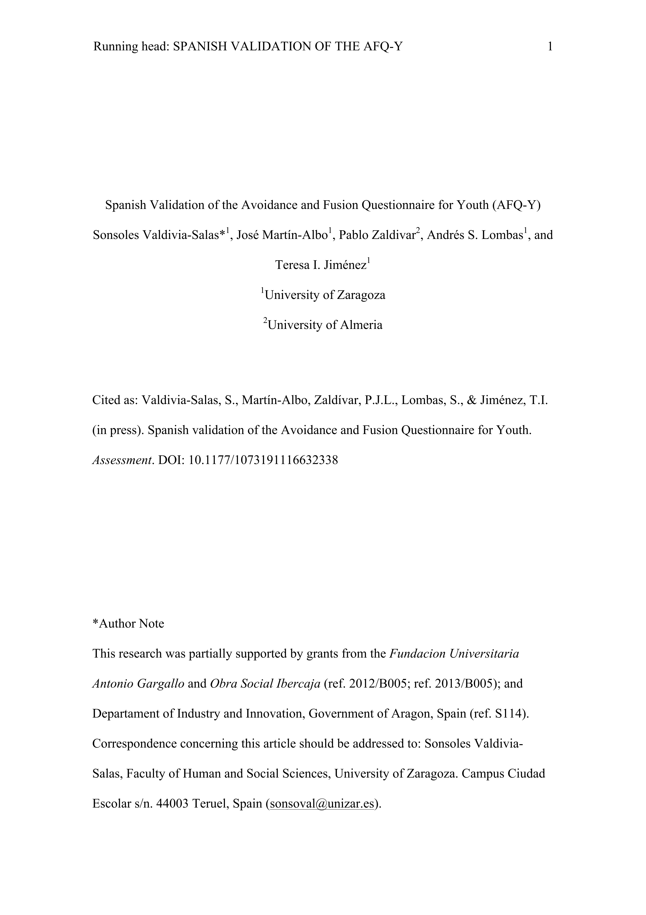 Spanish Validation of the Avoidance and Fusion Questionnaire for Youth (AFQ-Y)