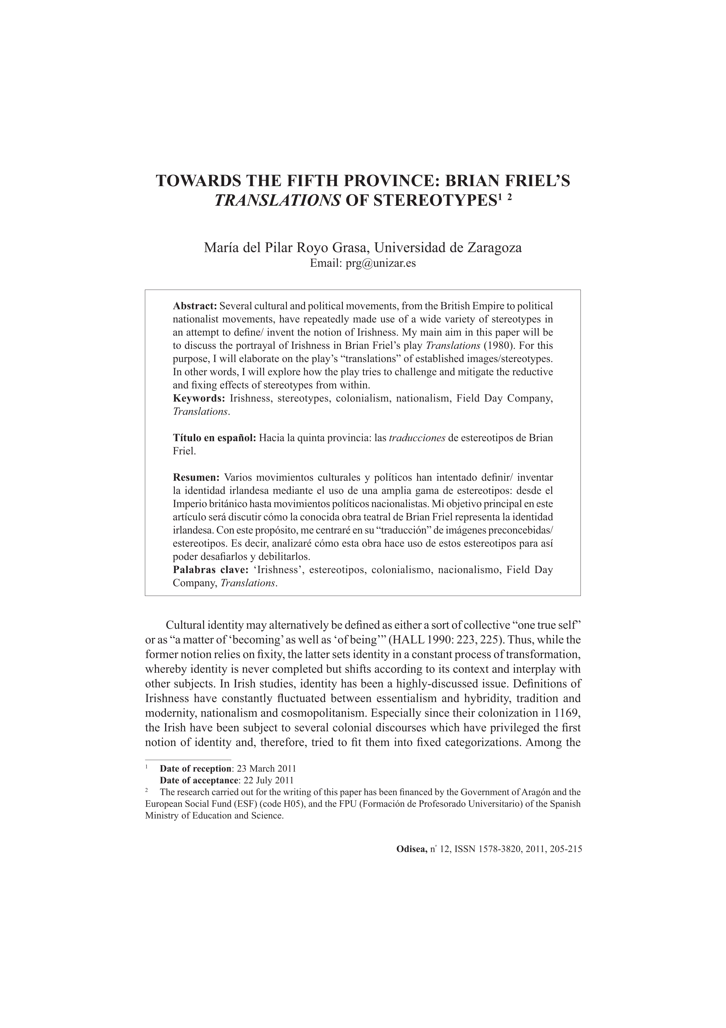 Towards the Fifth Province: Brian Friel’s Translations of Stereotypes