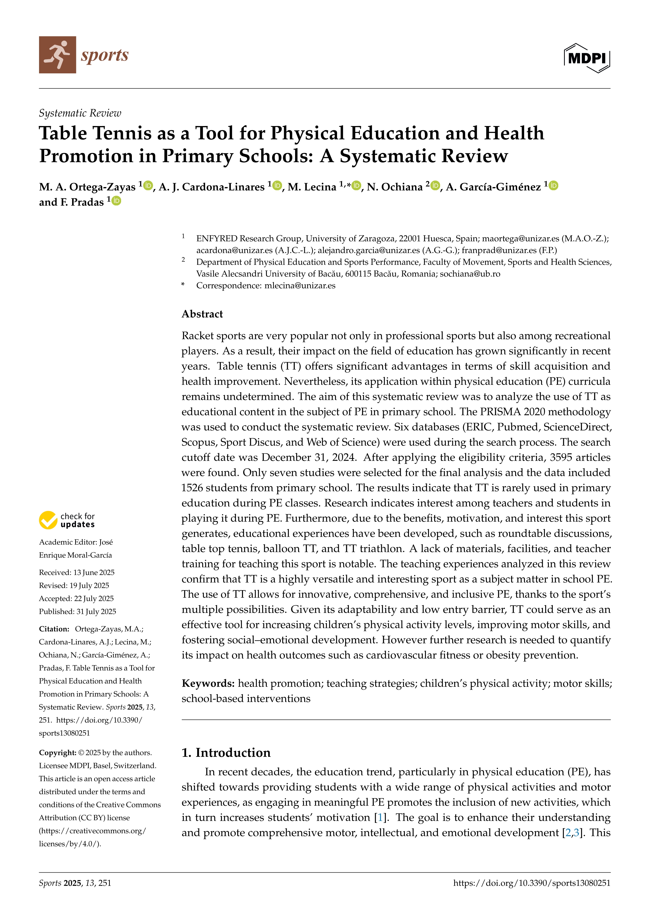 Table Tennis as a Tool for Physical Education and Health Promotion in Primary Schools: A Systematic Review
