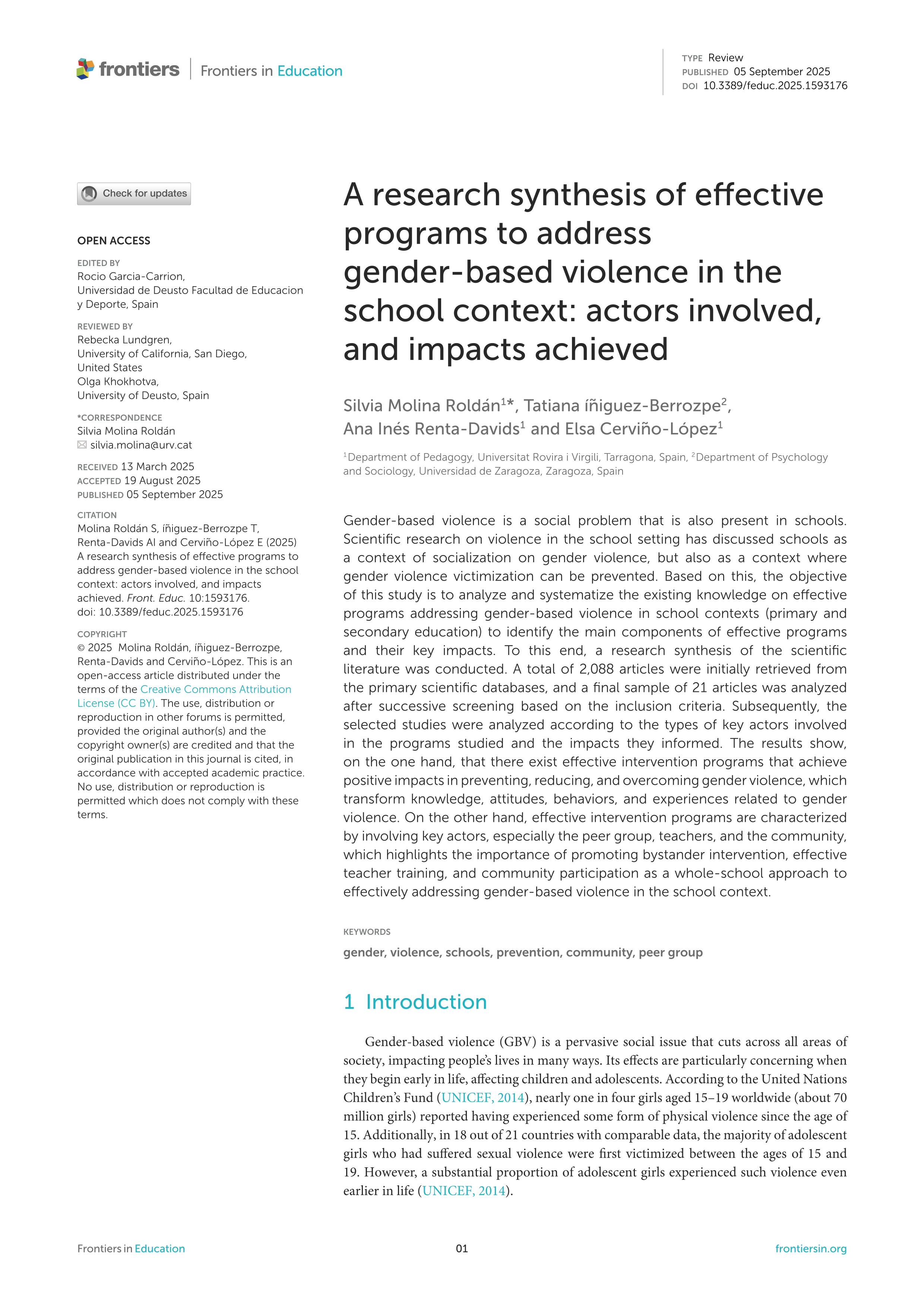 A research synthesis of effective programs to address gender-based violence in the school context: actors involved, and impacts achieved