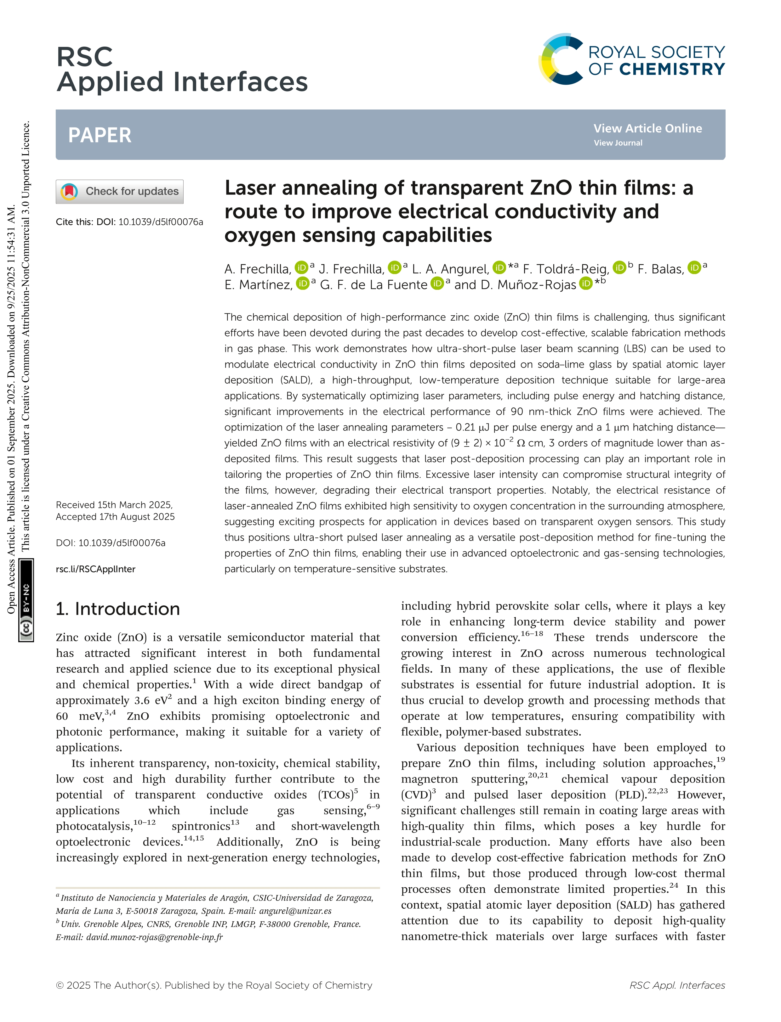 Laser annealing of transparent ZnO thin films: a route to improve electrical conductivity and oxygen sensing capabilities