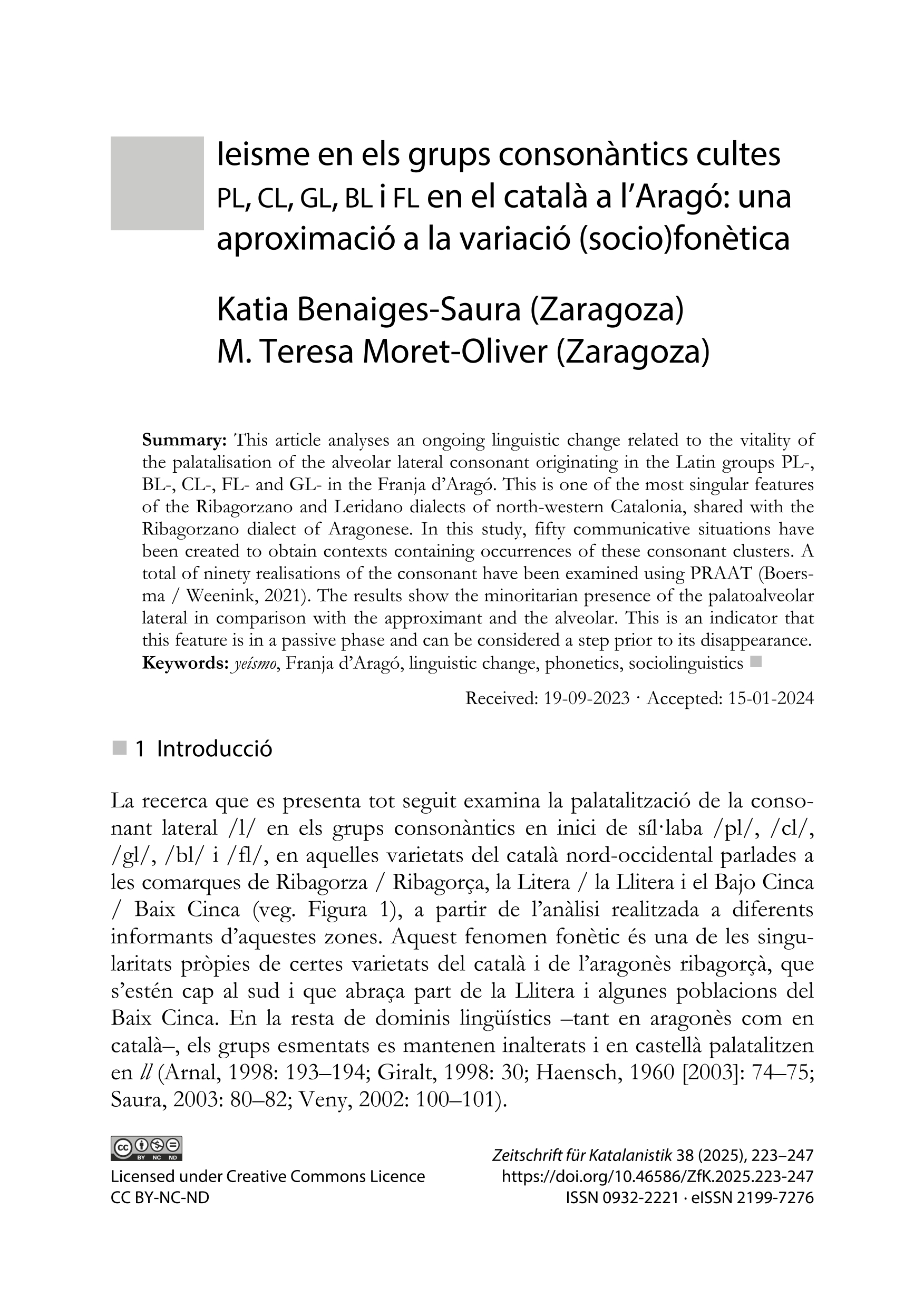 Ieisme en els grups consonàntics cultes PL, CL, GL, BL i FL en el català a l’Aragó: una aproximació a la variació (socio)fonètica