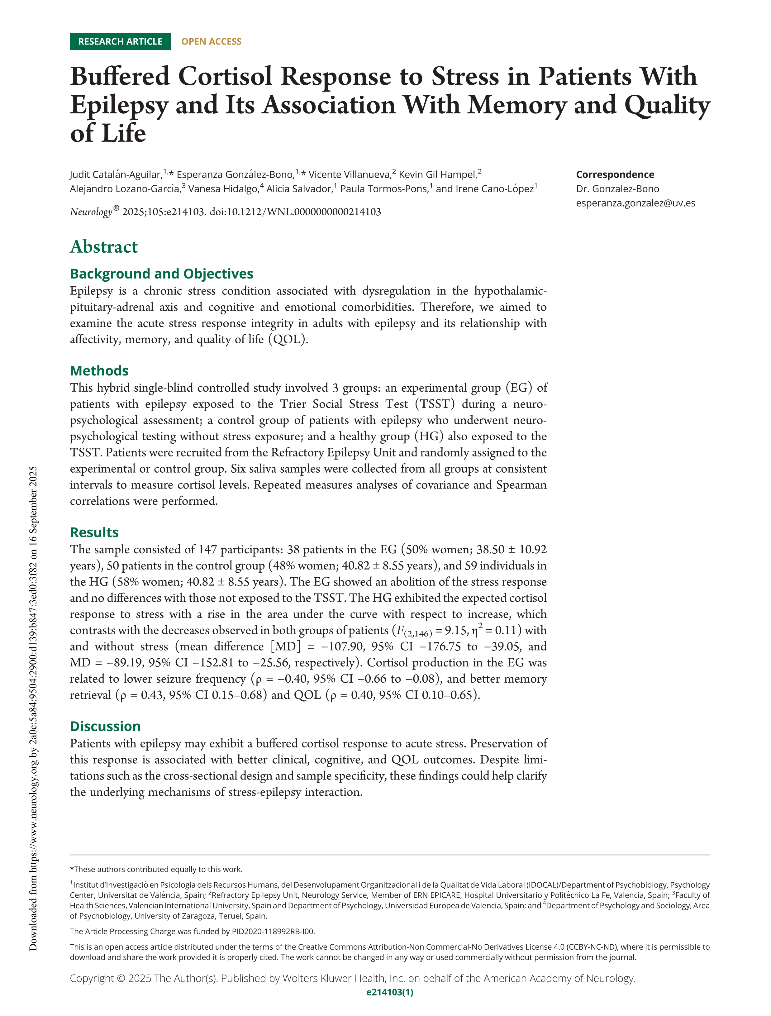 Buffered Cortisol Response to Stress in Patients With Epilepsy and Its Association With Memory and Quality of Life