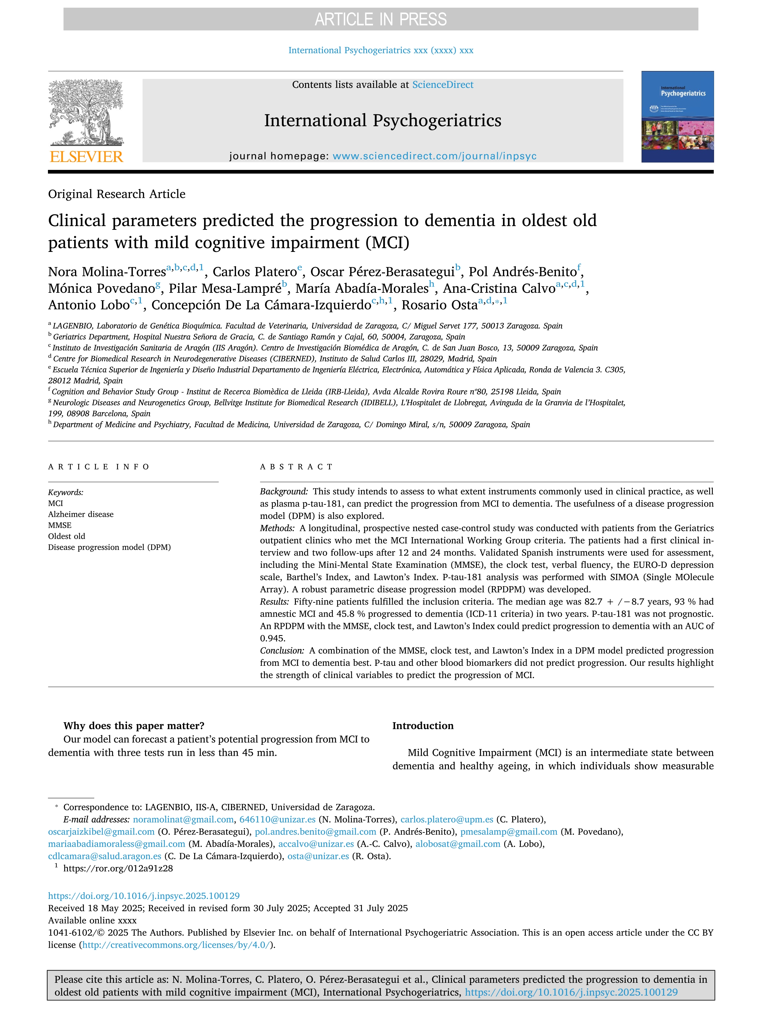 Clinical parameters predicted the progression to dementia in oldest old patients with mild cognitive impairment (MCI)