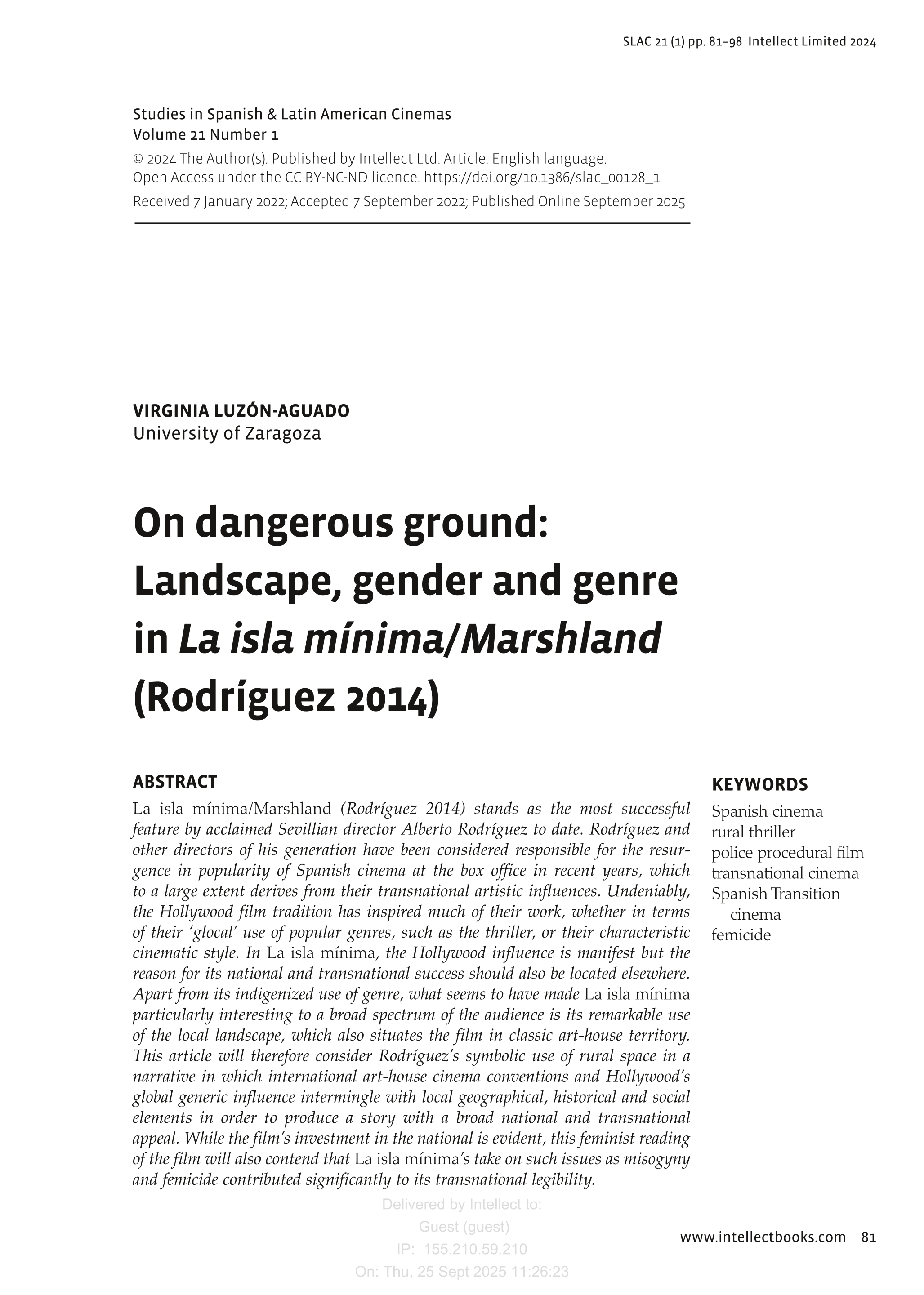 On dangerous ground: Landscape, gender and genre in La isla mínima/Marshland (Rodríguez 2014)