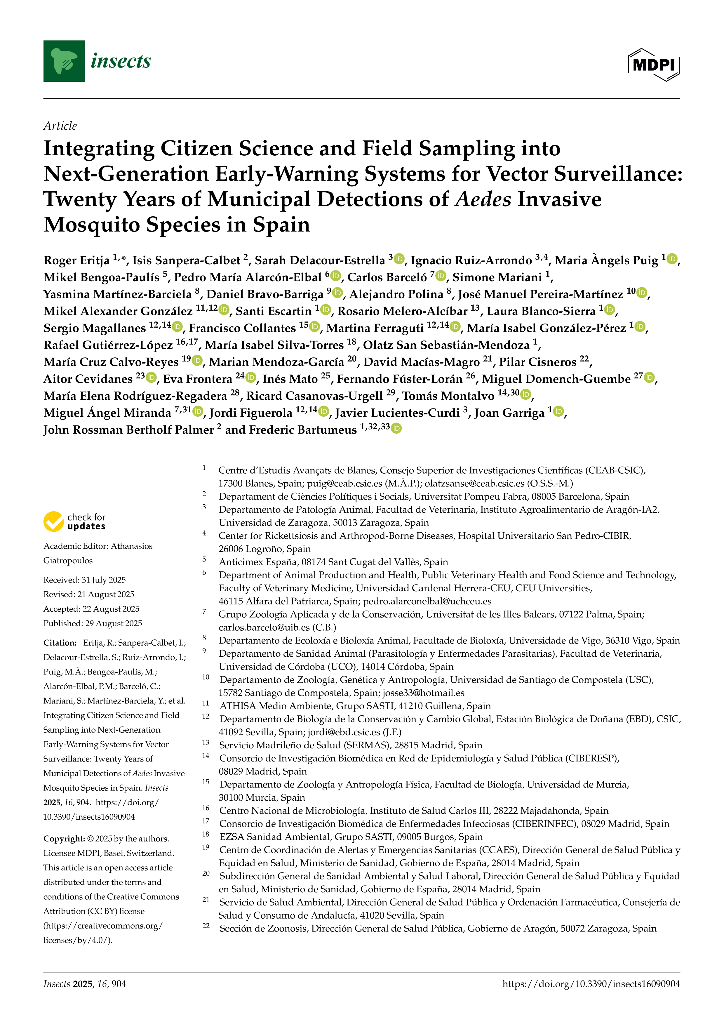 Integrating Citizen Science and Field Sampling into Next-Generation Early-Warning Systems for Vector Surveillance: Twenty Years of Municipal Detections of Aedes Invasive Mosquito Species in Spain