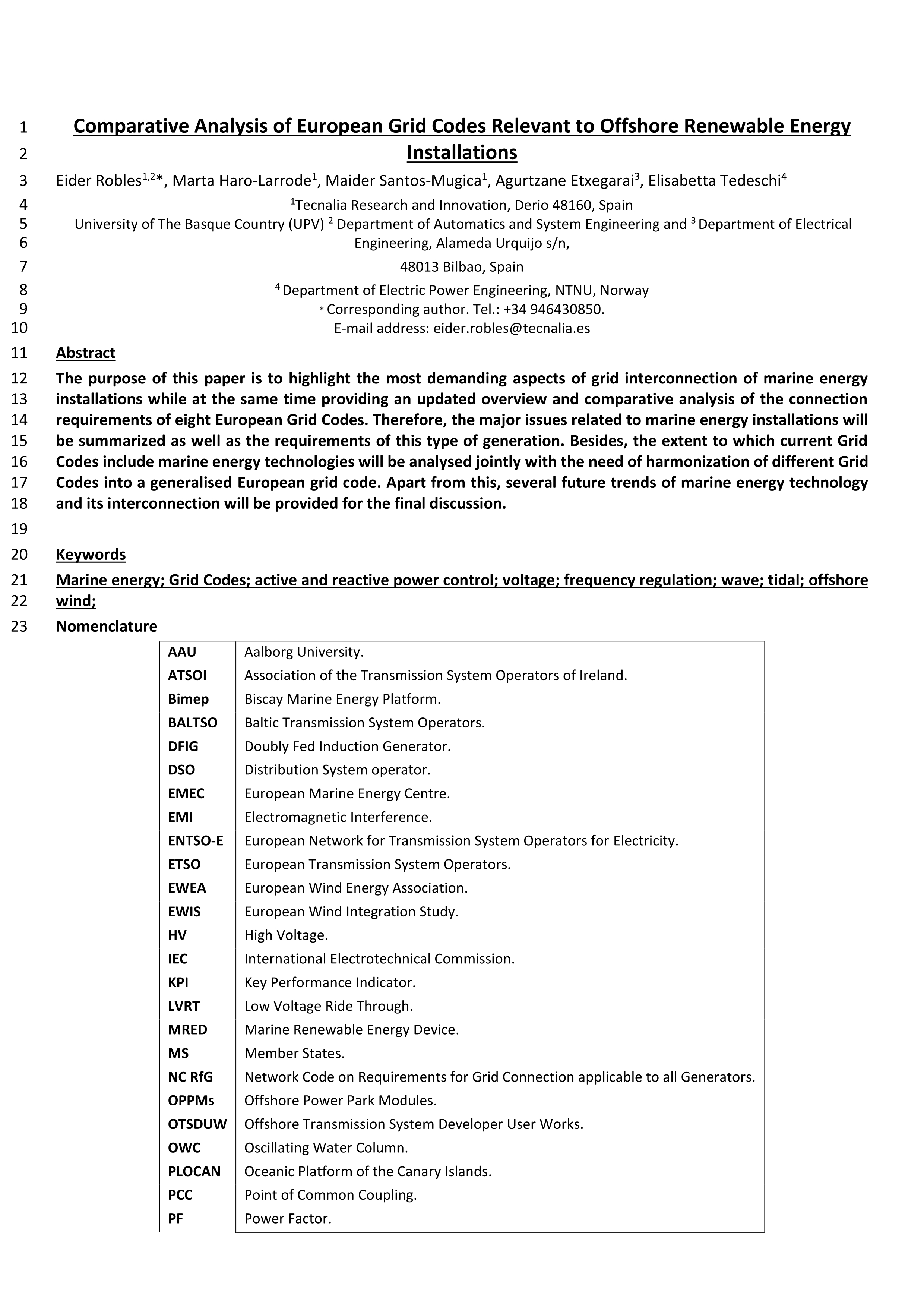 Comparative analysis of European grid codes relevant to offshore renewable energy installations