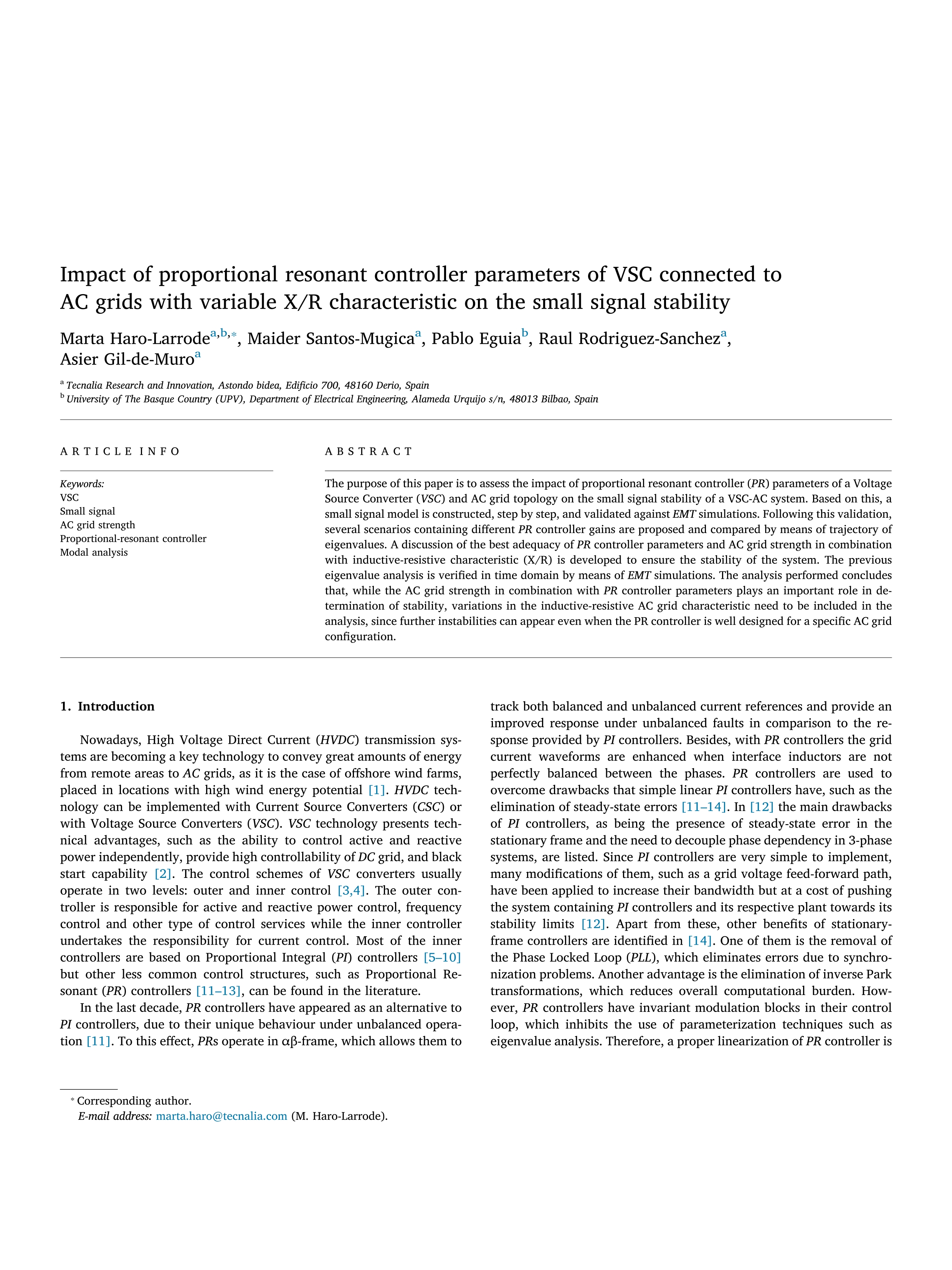 Impact of proportional resonant controller parameters of VSC connected to AC grids with variable X/R characteristic on the small signal stability