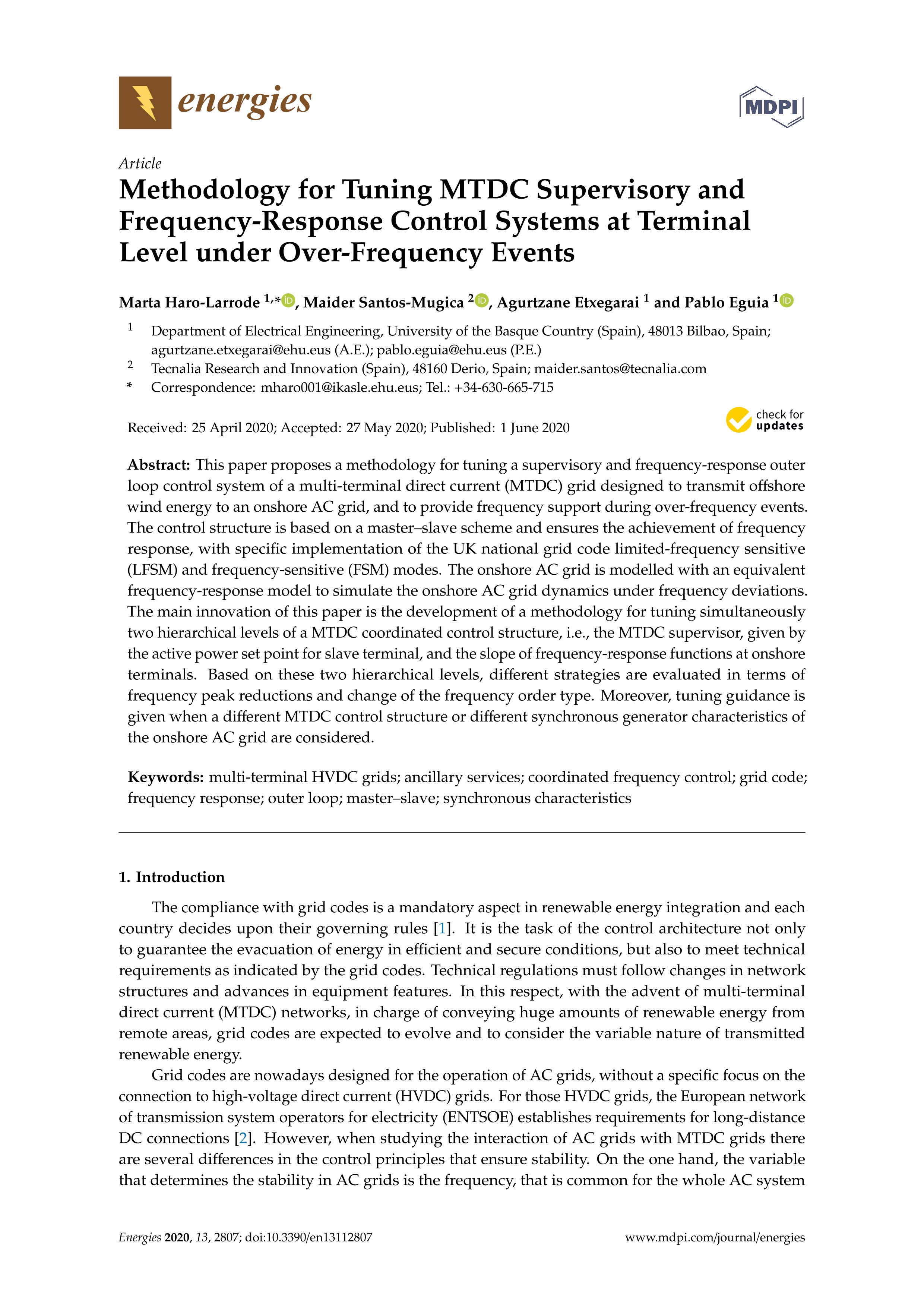 Methodology for Tuning MTDC Supervisory and Frequency-Response Control Systems at Terminal Level under Over-Frequency Events