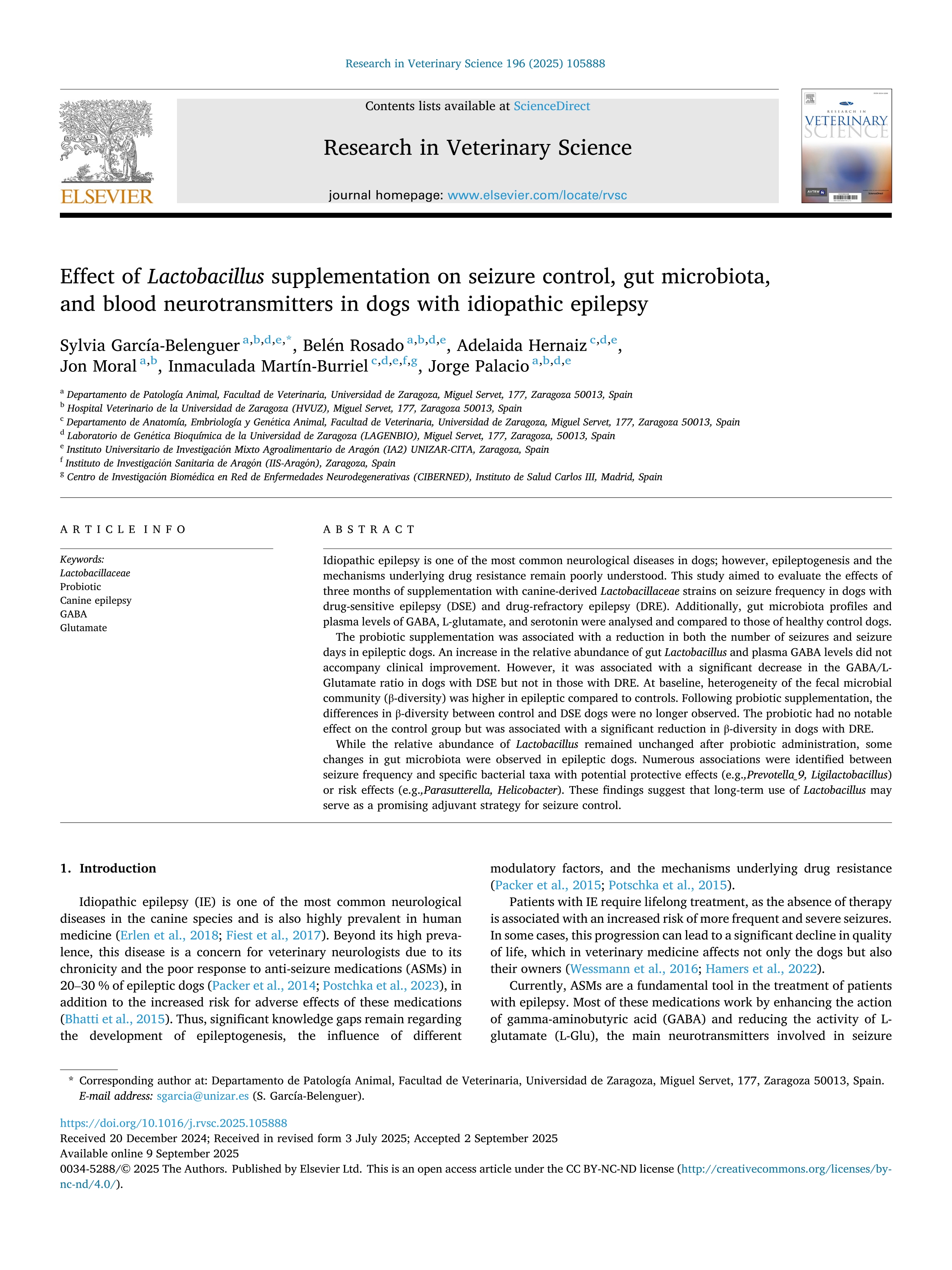 Effect of Lactobacillus supplementation on seizure control, gut microbiota, and blood neurotransmitters in dogs with idiopathic epilepsy