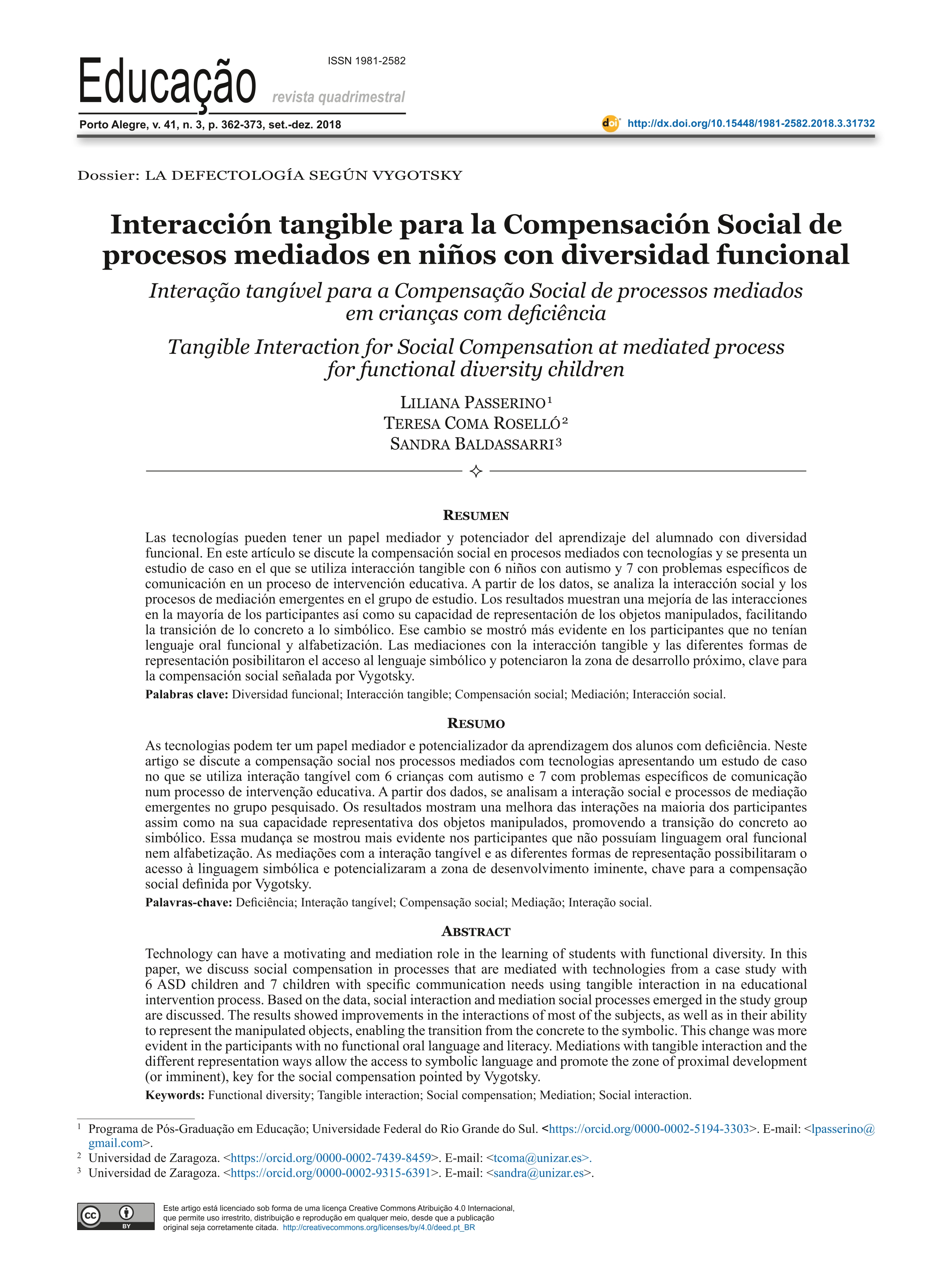 Interacción tangible para la compensación social de procesos mediados en niños con diversidad funcional