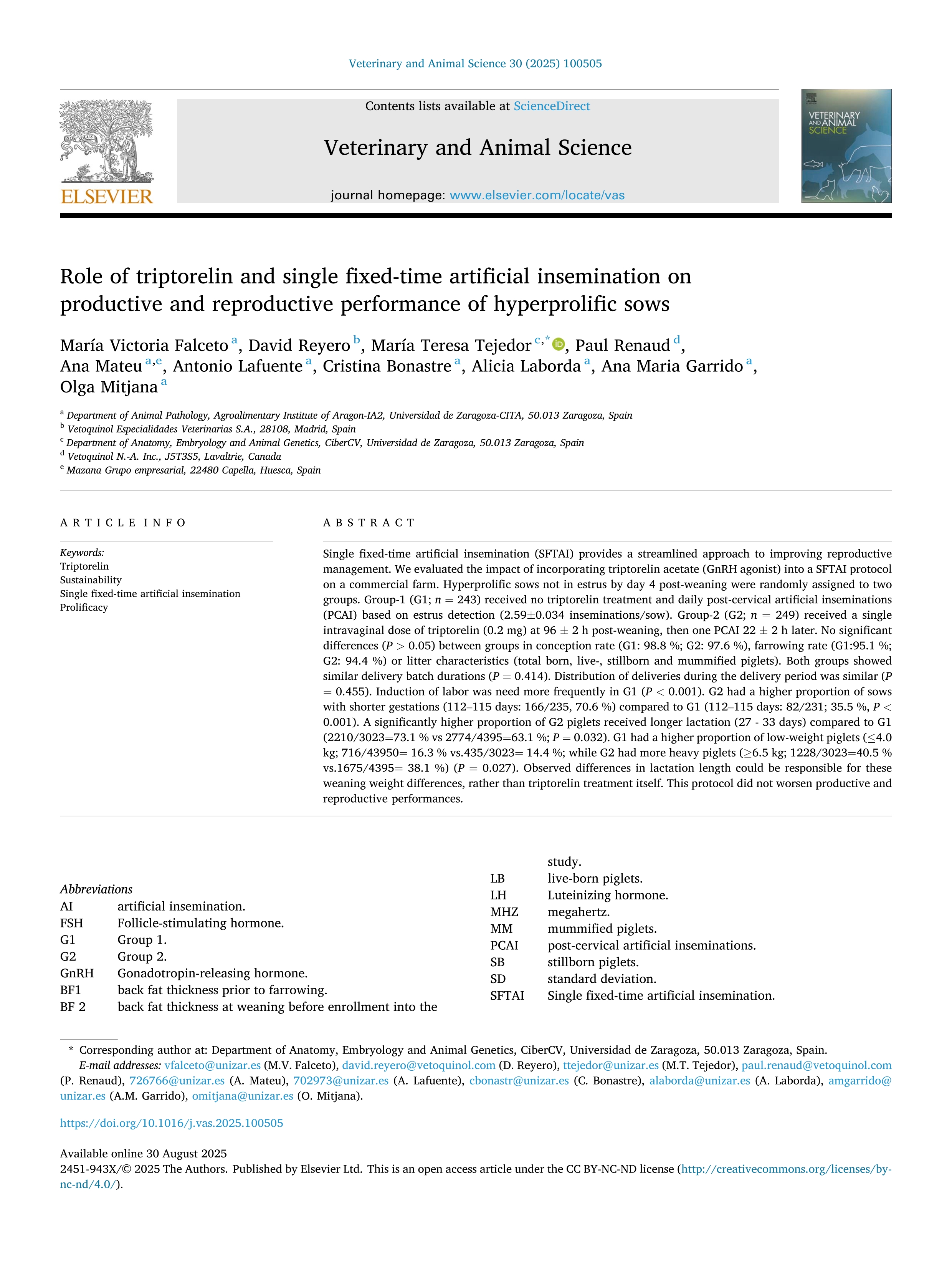 Role of triptorelin and single fixed-time artificial insemination on productive and reproductive performance of hyperprolific sows