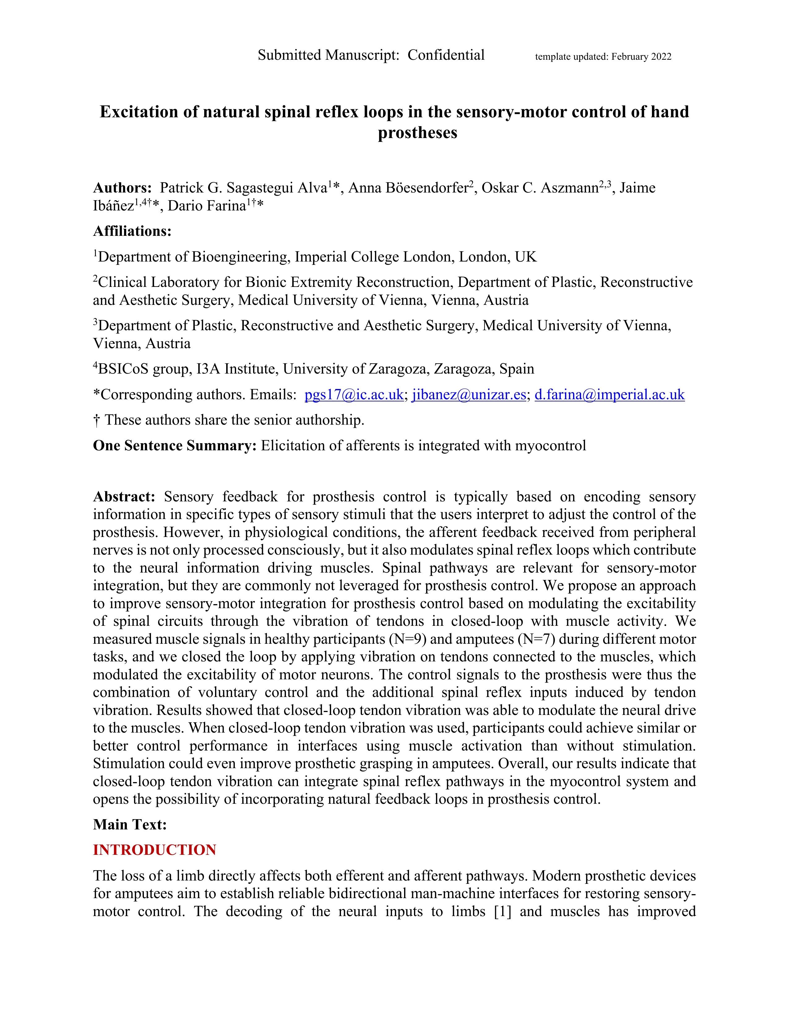 Excitation of natural spinal reflex loops in the sensory-motor control of hand prostheses