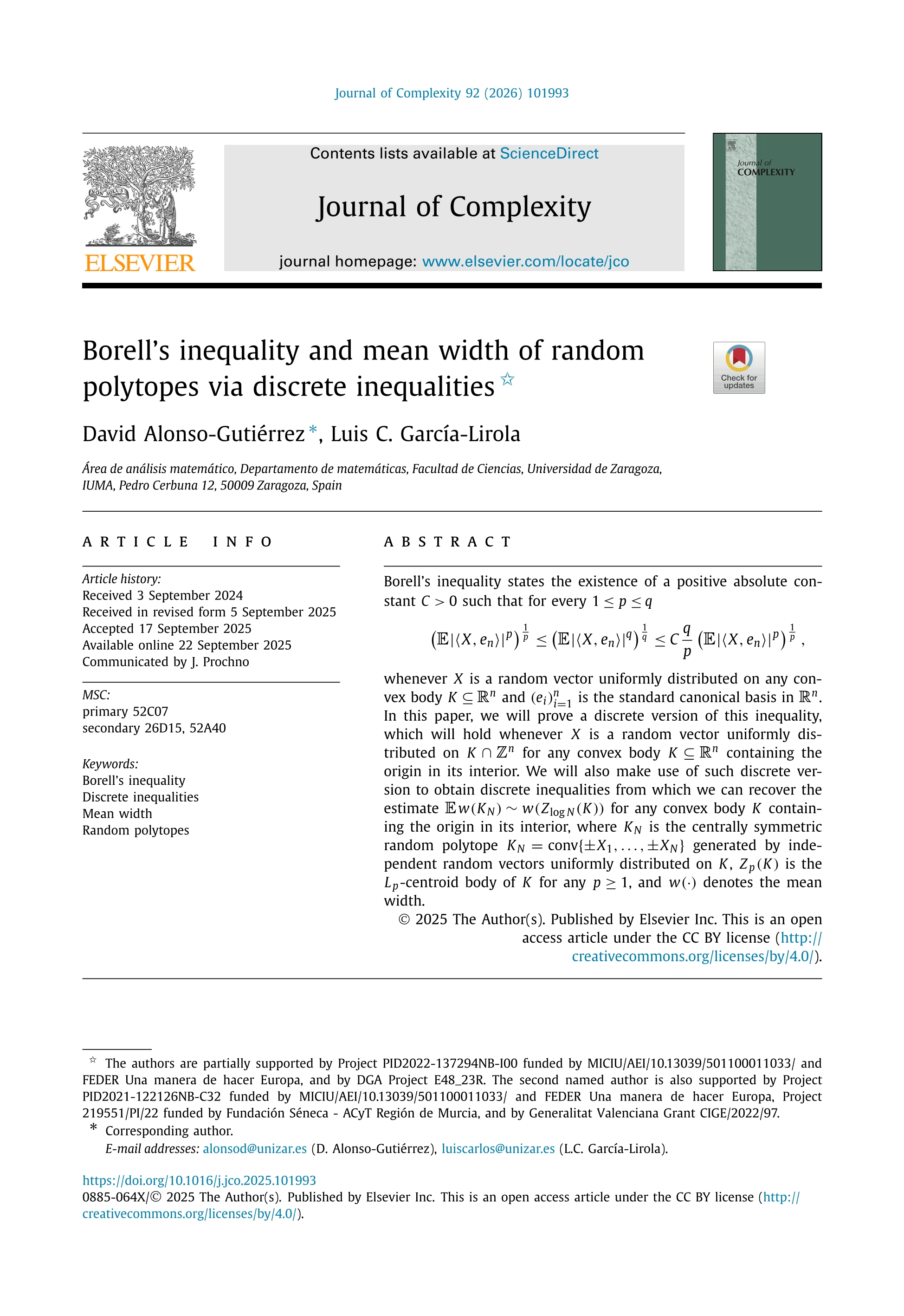 Borell's inequality and mean width of random polytopes via discrete inequalities