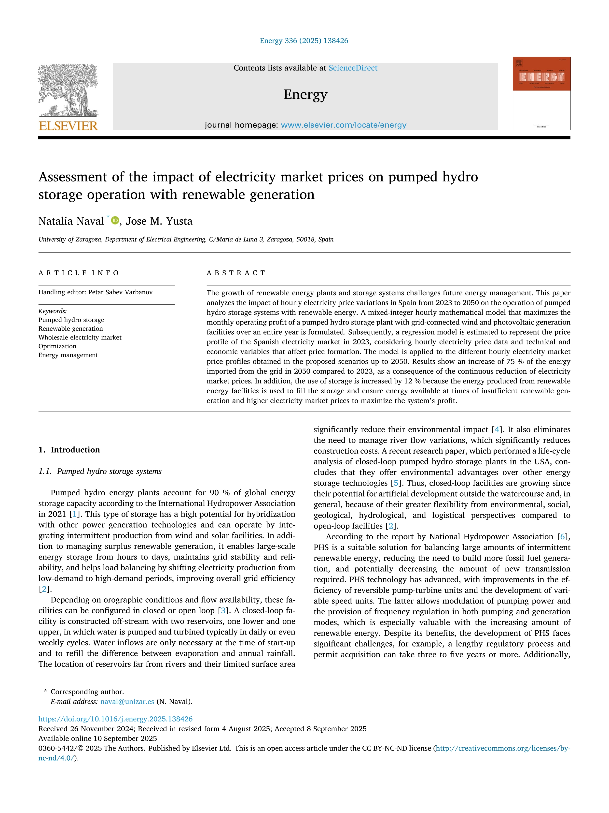 Assessment of the impact of electricity market prices on pumped hydro storage operation with renewable generation