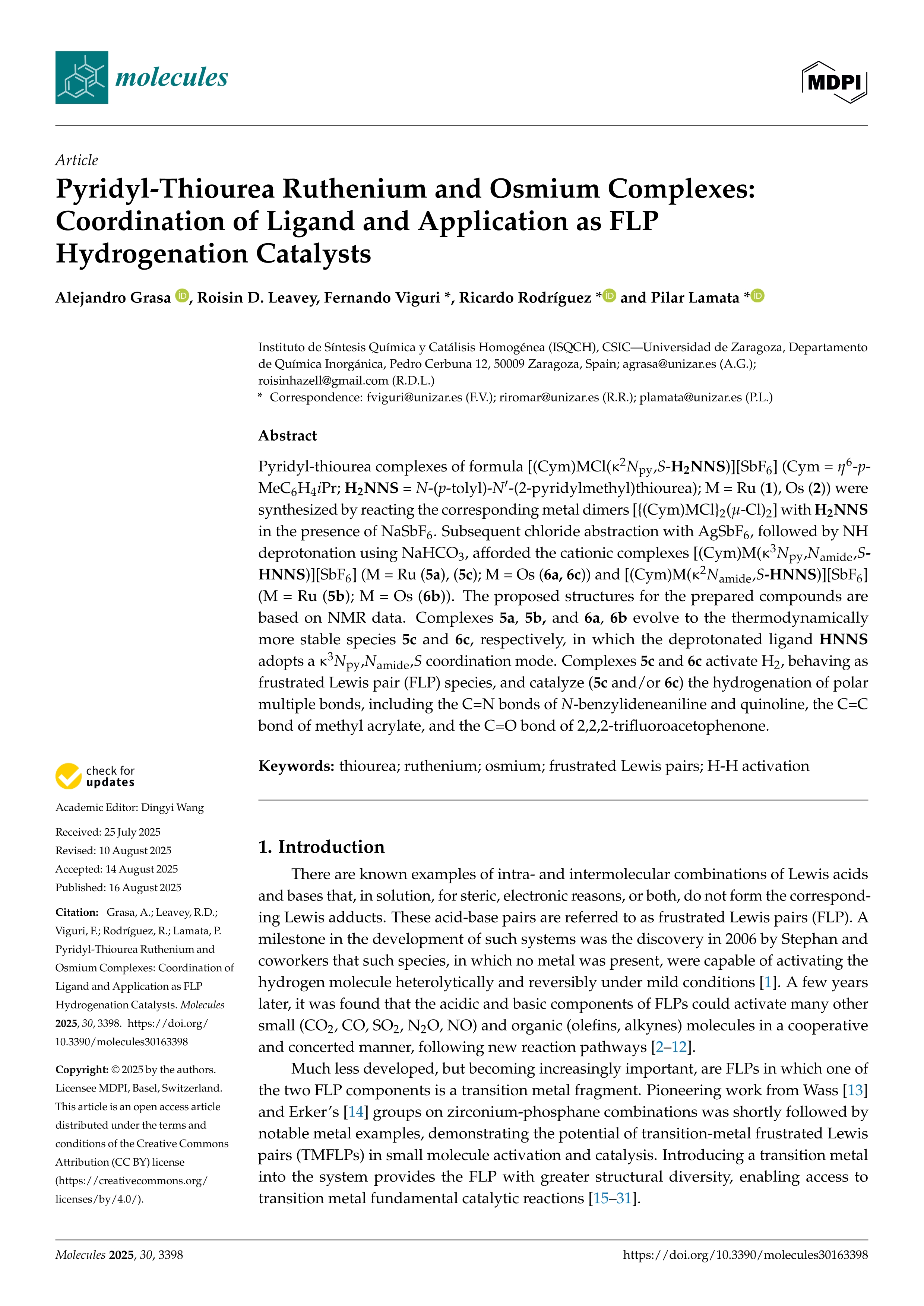 Pyridyl-Thiourea Ruthenium and Osmium Complexes: Coordination of Ligand and Application as FLP Hydrogenation Catalysts
