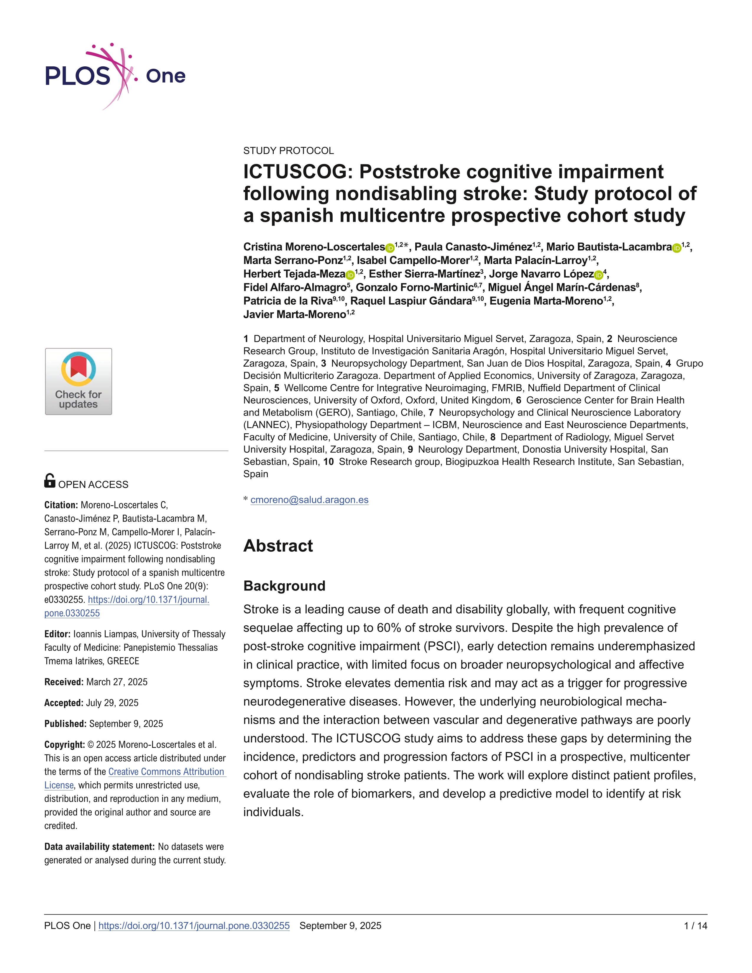 ICTUSCOG: Poststroke cognitive impairment following nondisabling stroke: Study protocol of a spanish multicentre prospective cohort study