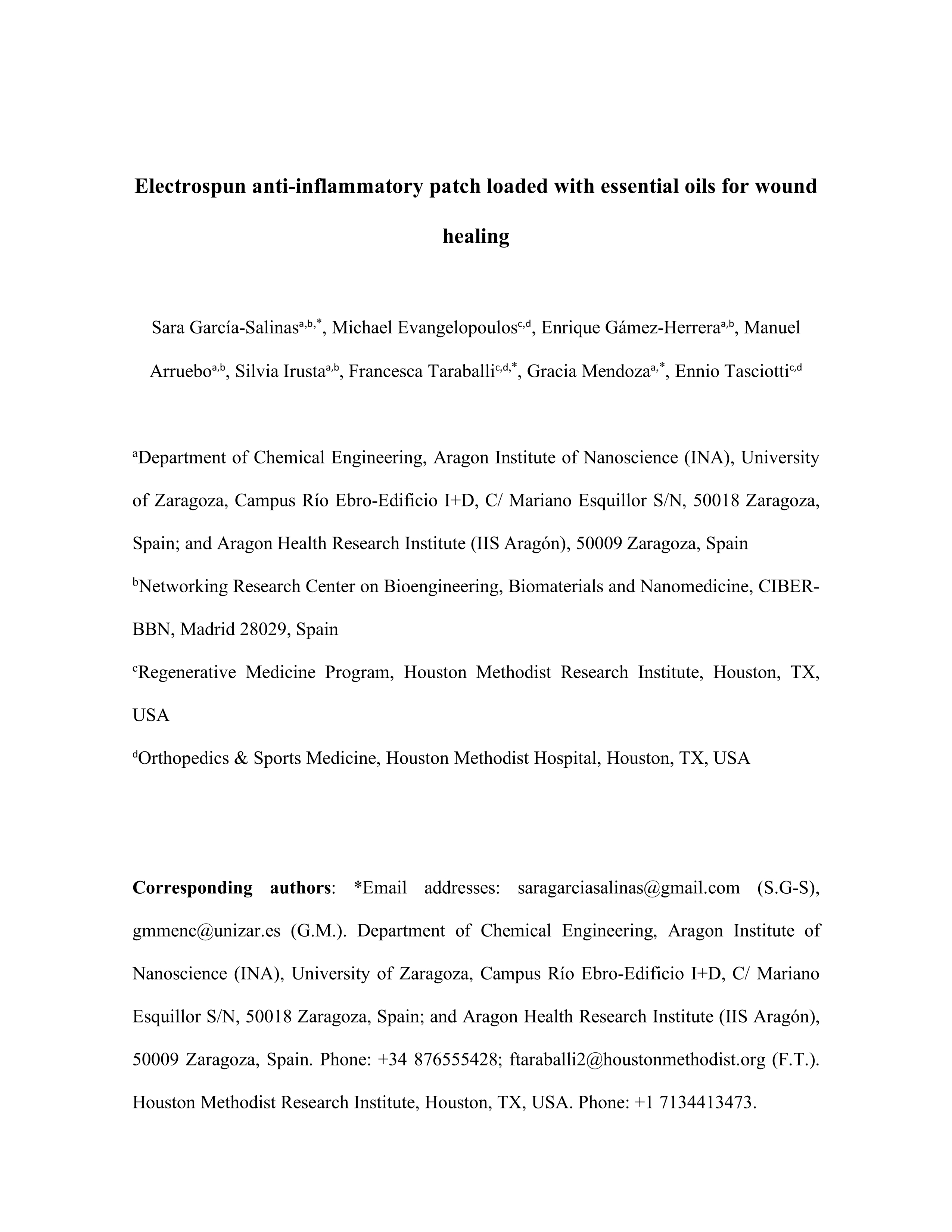 Electrospun anti-inflammatory patch loaded with essential oils for wound healing