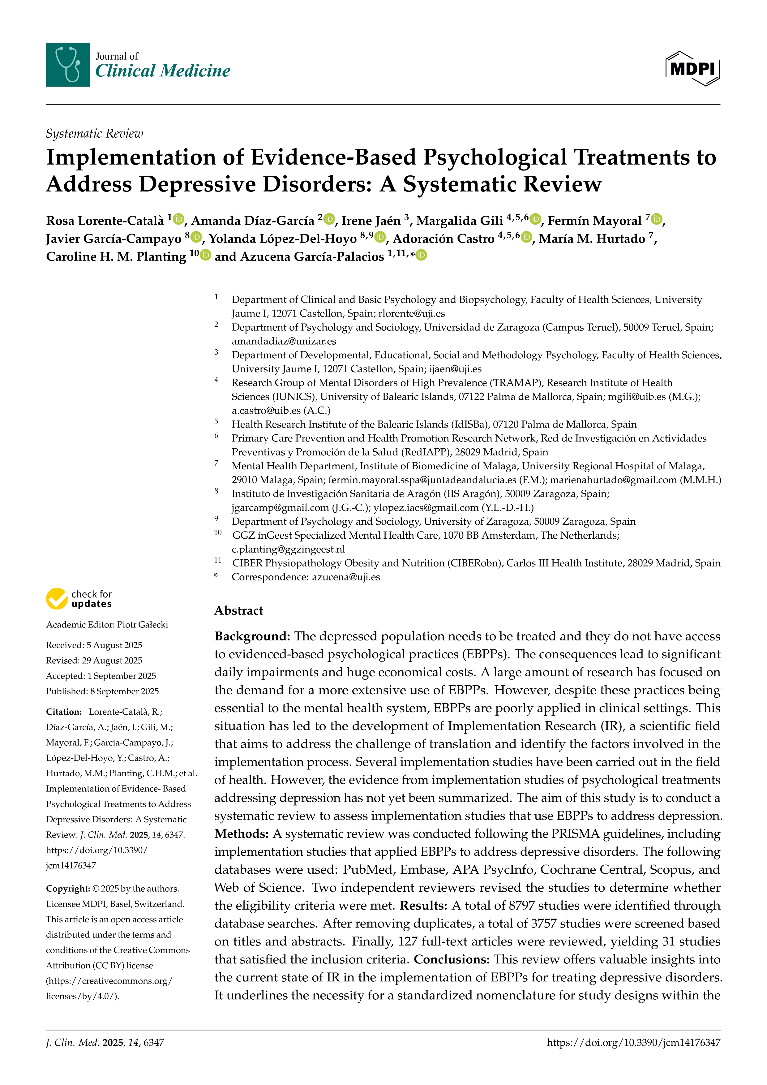 Implementation of Evidence-Based Psychological Treatments to Address Depressive Disorders: A Systematic Review