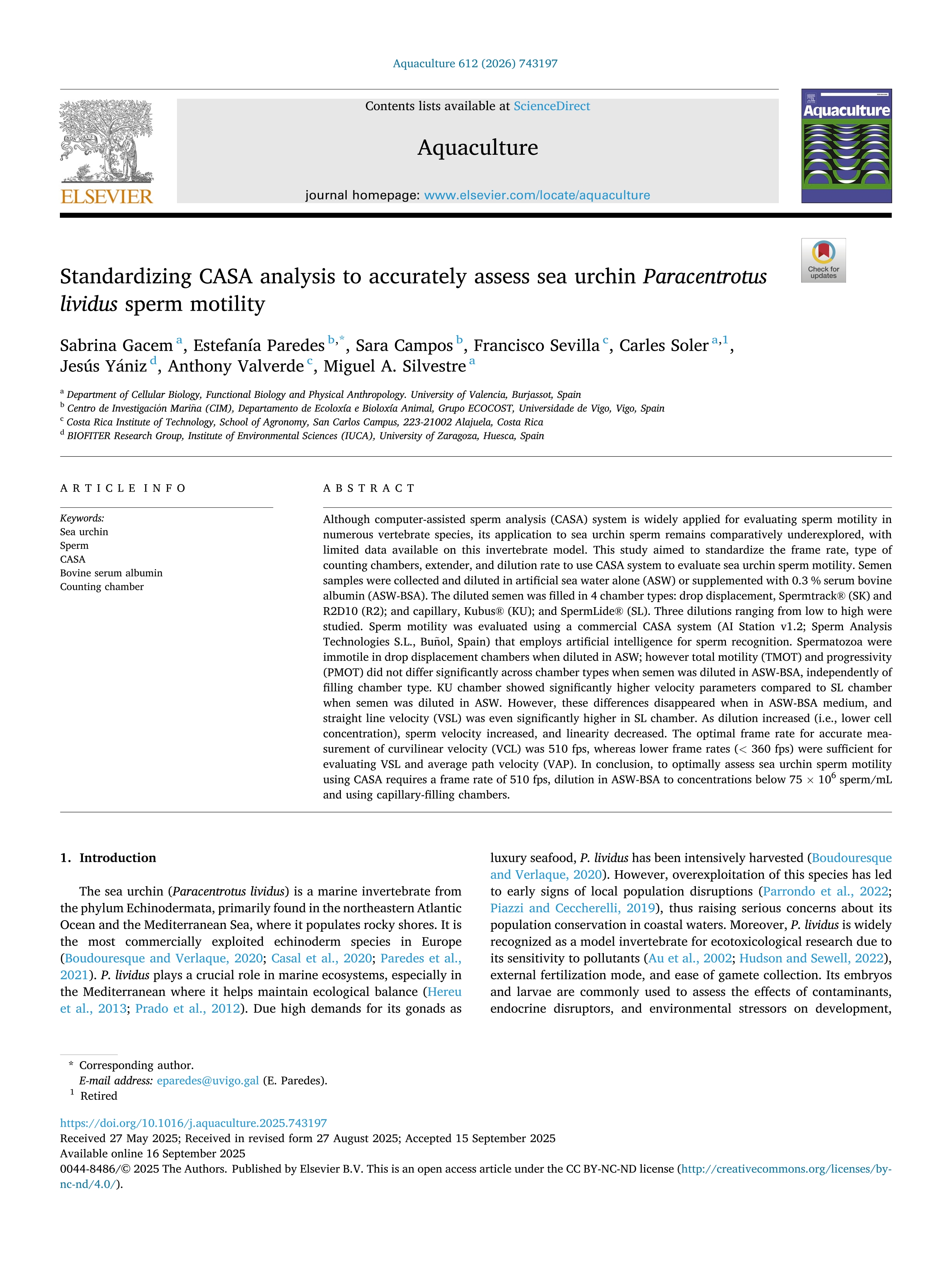 Standardizing CASA analysis to accurately assess sea urchin Paracentrotus lividus sperm motility