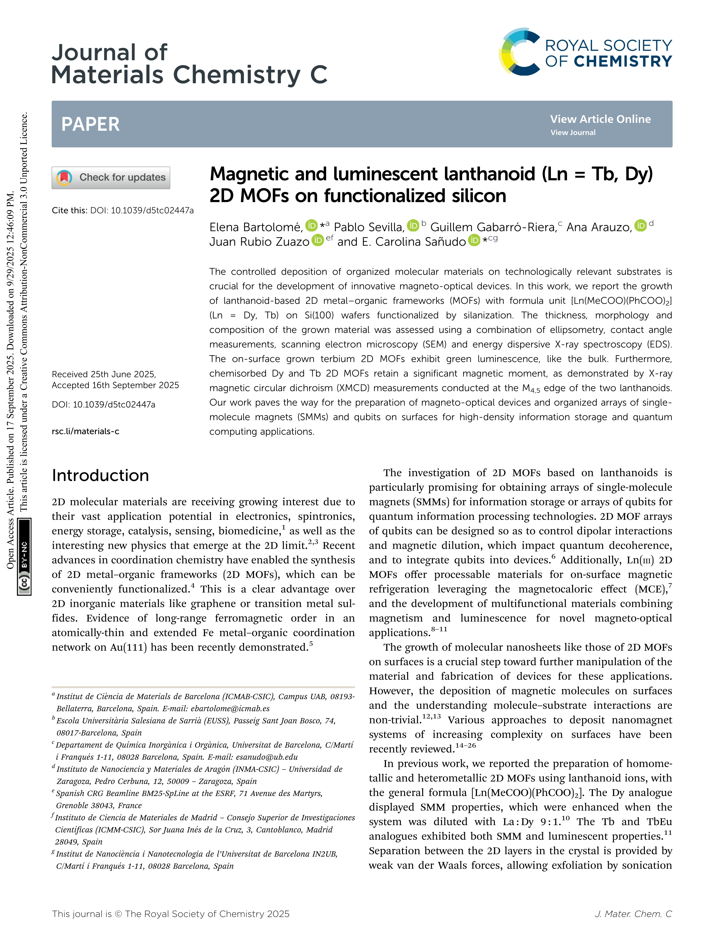 Magnetic and luminescent lanthanoid (Ln = Tb, Dy) 2D MOFs on functionalized silicon