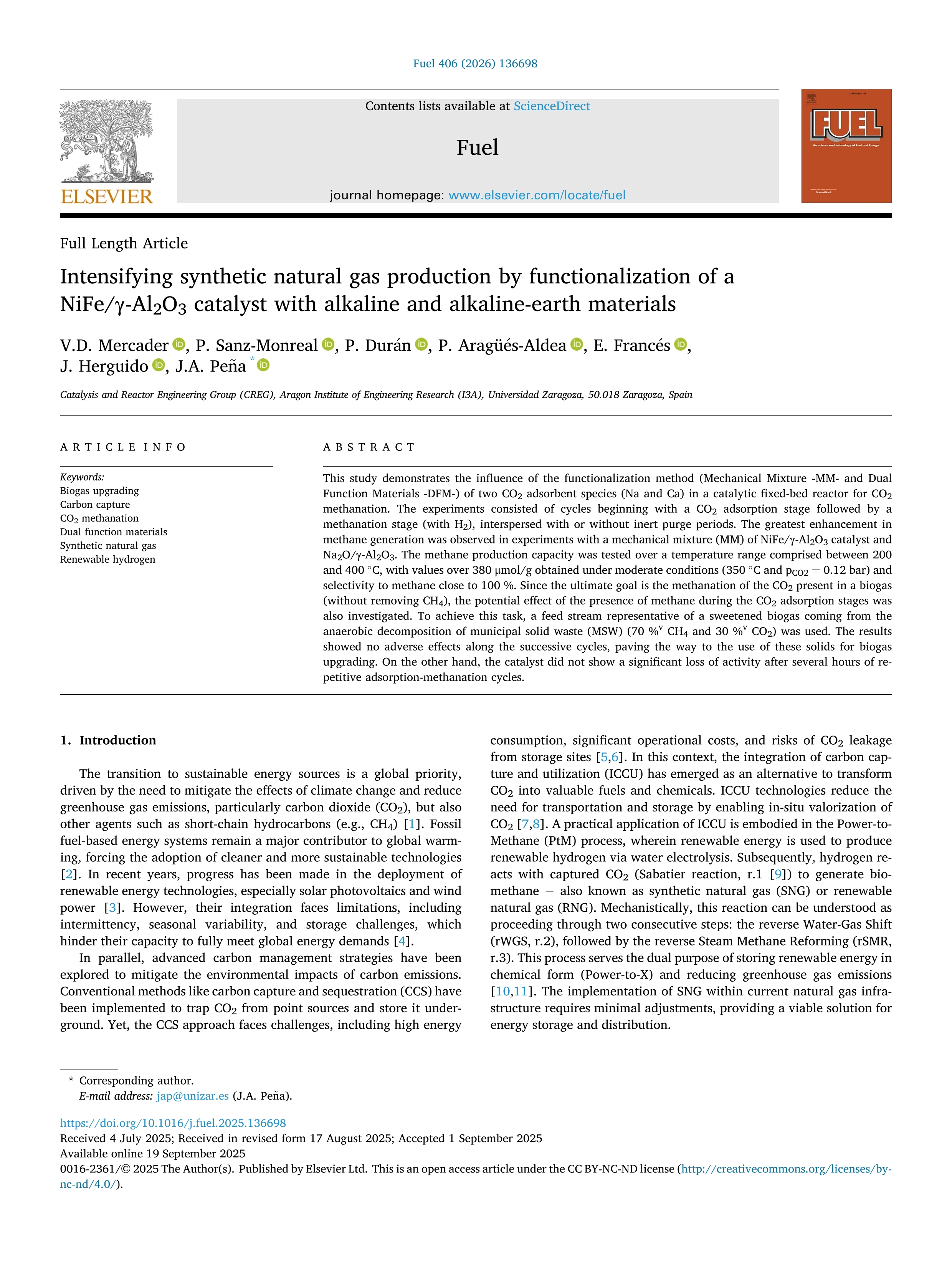 Intensifying synthetic natural gas production by functionalization of a NiFe/γ-Al2O3 catalyst with alkaline and alkaline-earth materials