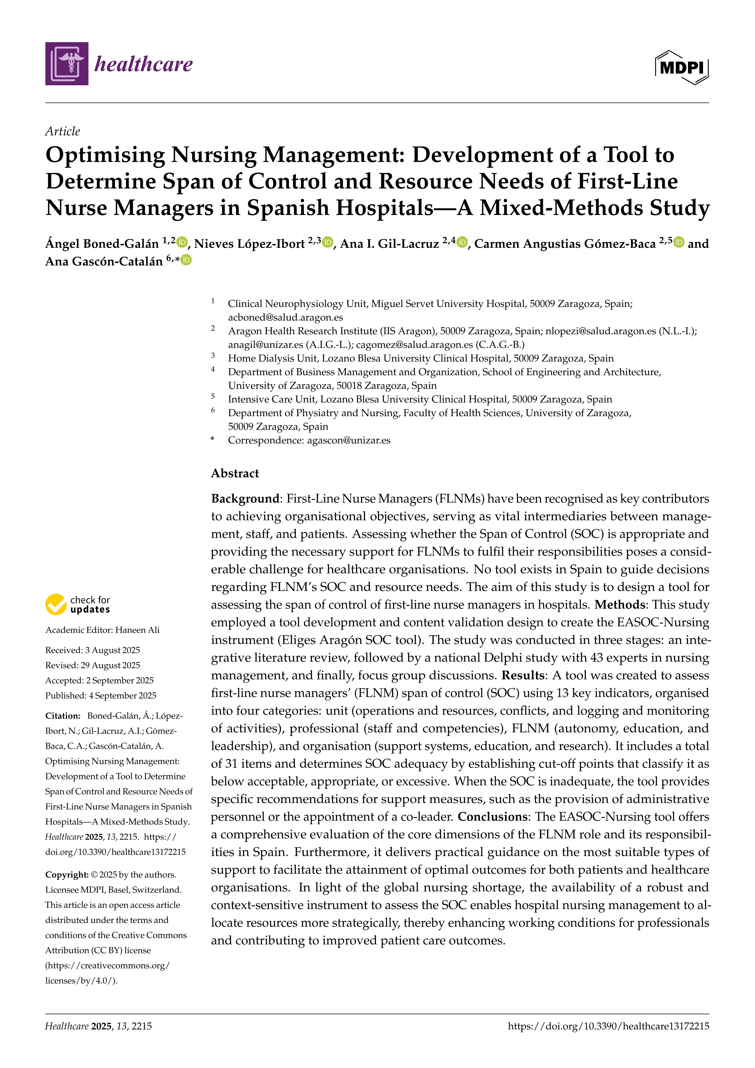 Optimising Nursing Management: Development of a Tool to Determine Span of Control and Resource Needs of First-Line Nurse Managers in Spanish Hospitals—A Mixed-Methods Study