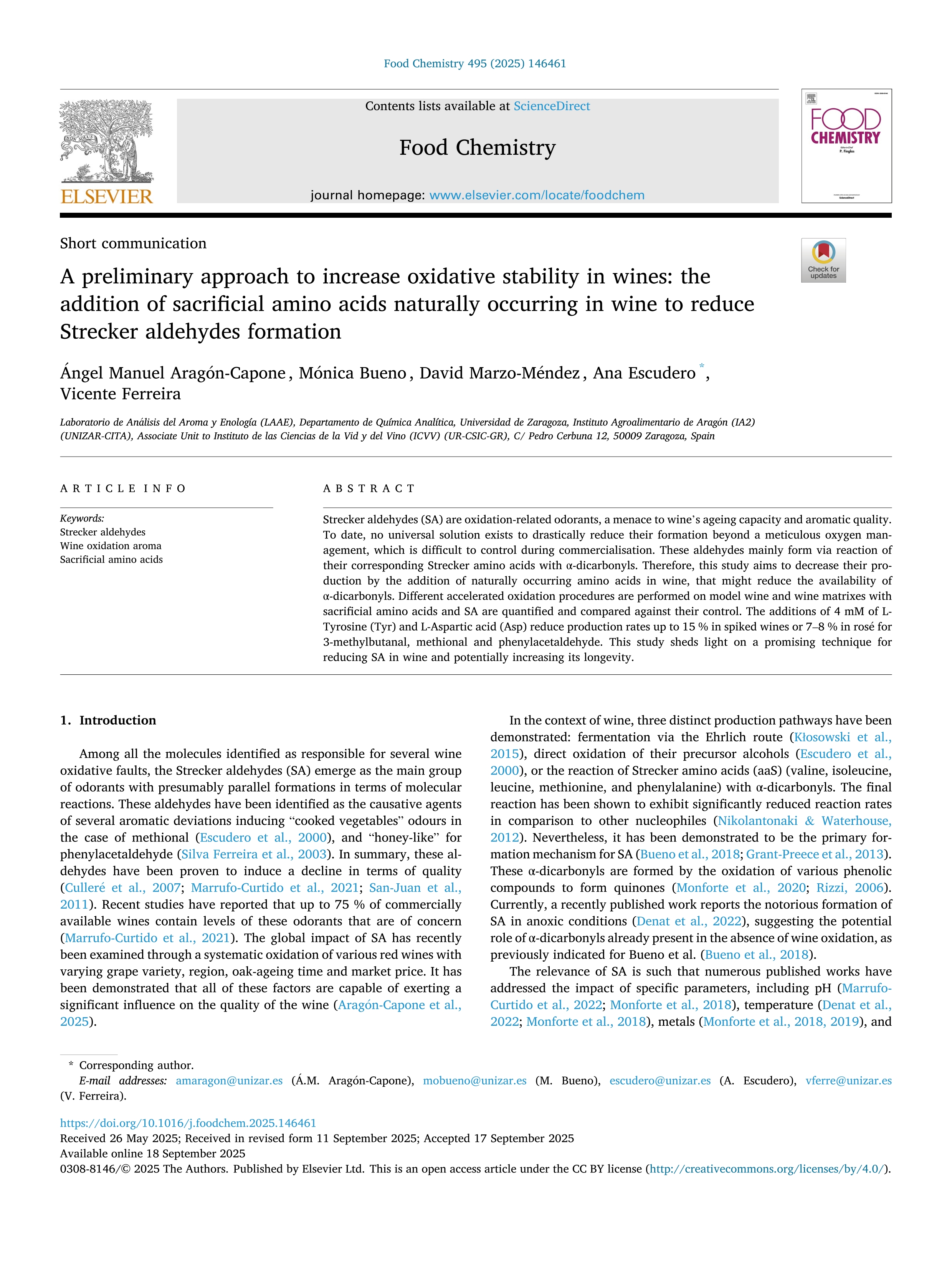 A preliminary approach to increase oxidative stability in wines: the addition of sacrificial amino acids naturally occurring in wine to reduce Strecker aldehydes formation