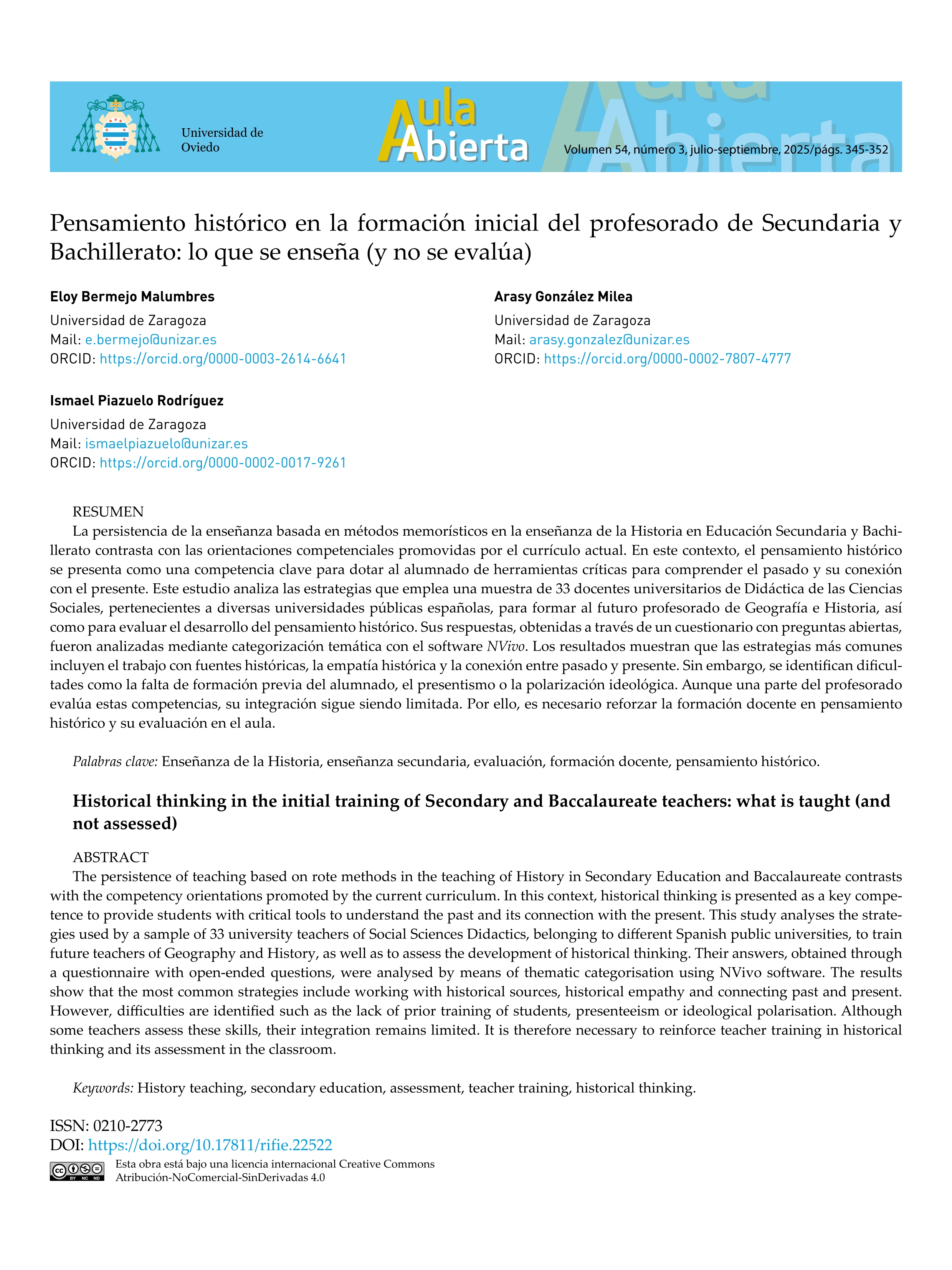 Pensamiento histórico en la formación inicial del profesorado de Secundaria y Bachillerato: lo que se enseña (y no se evalúa)