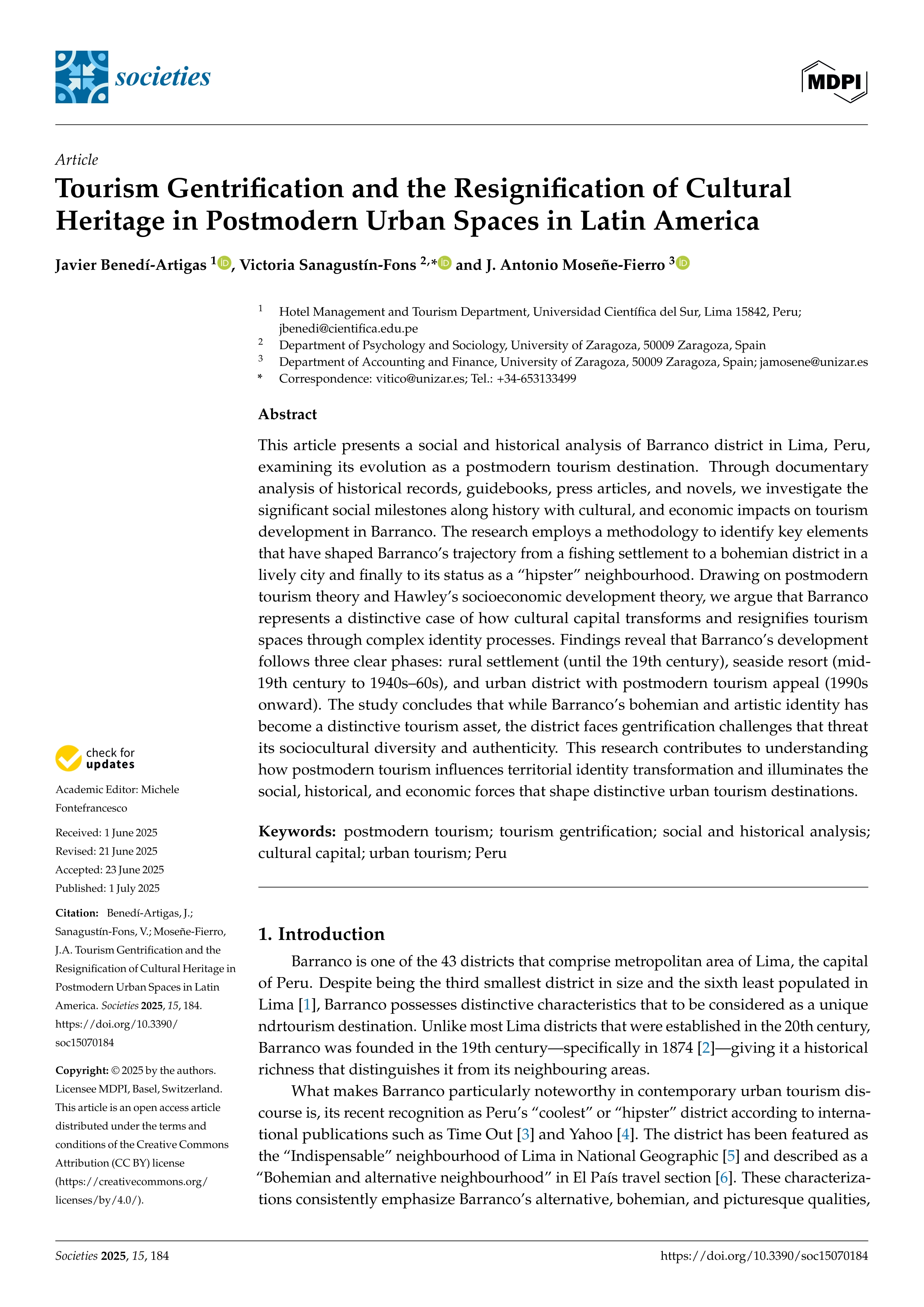Tourism Gentrification and the Resignification of Cultural Heritage in Postmodern Urban Spaces in Latin America