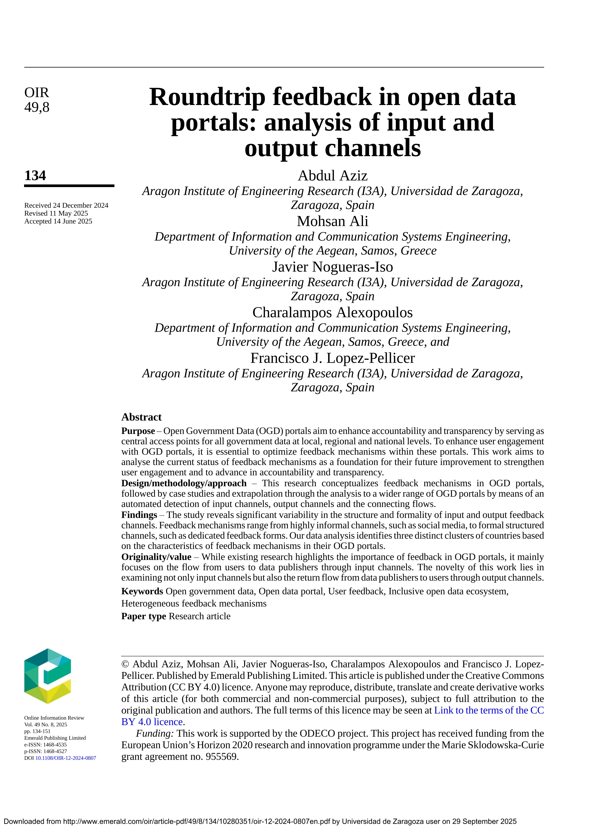 Roundtrip feedback in open data portals: analysis of input and output channels