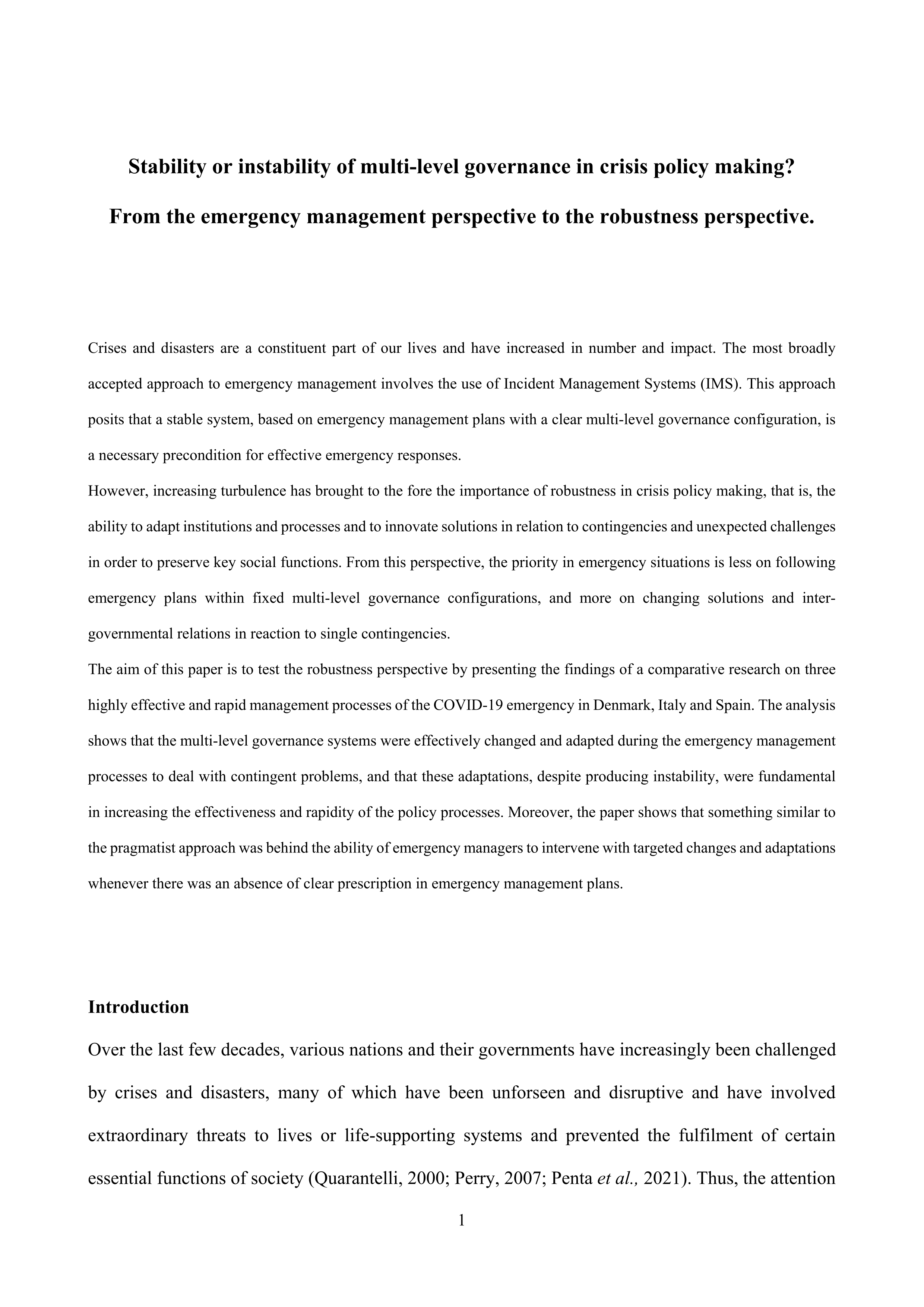 Stability or instability in crisis policymaking? From the emergency management perspective to the robustness perspective