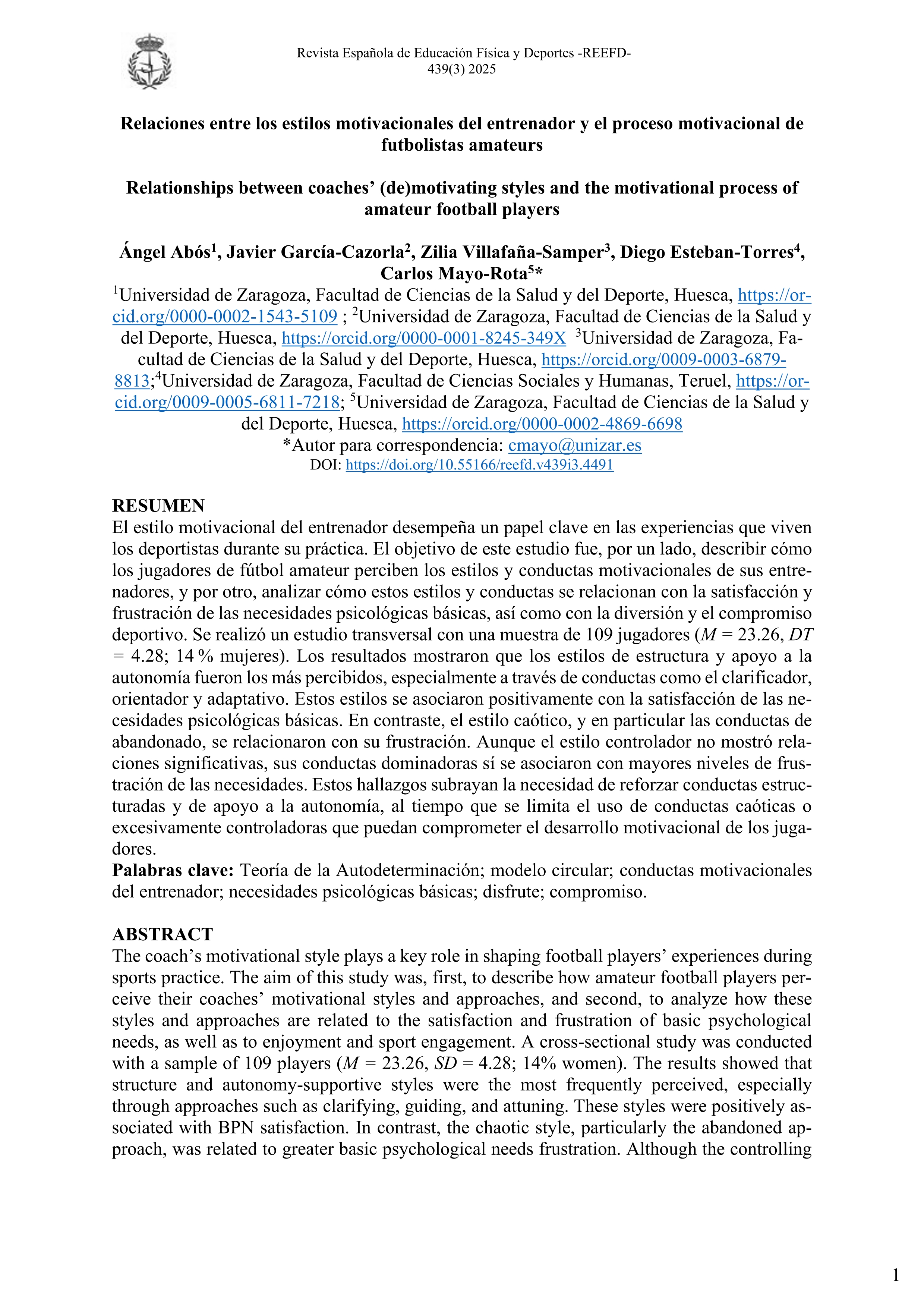 Relaciones entre los estilos motivacionales del entrenador y el proceso motivacional de futbolistas amateurs
